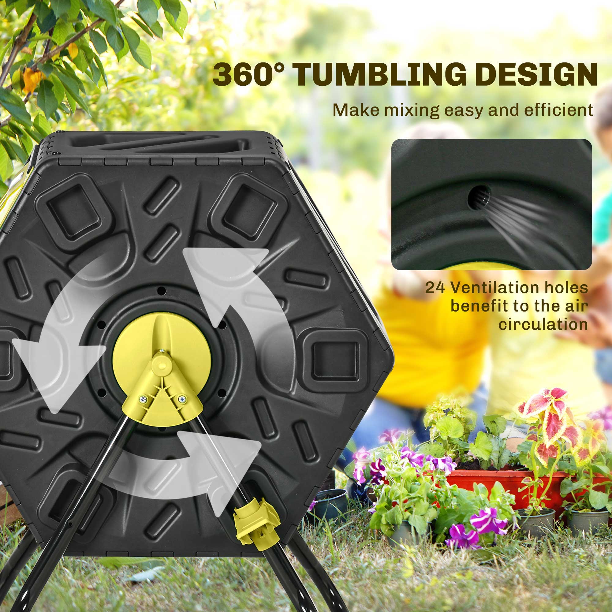 Rotating Composter, Compost Bin with 24 Vents and Steel Legs, 17 Gallon, Yellow