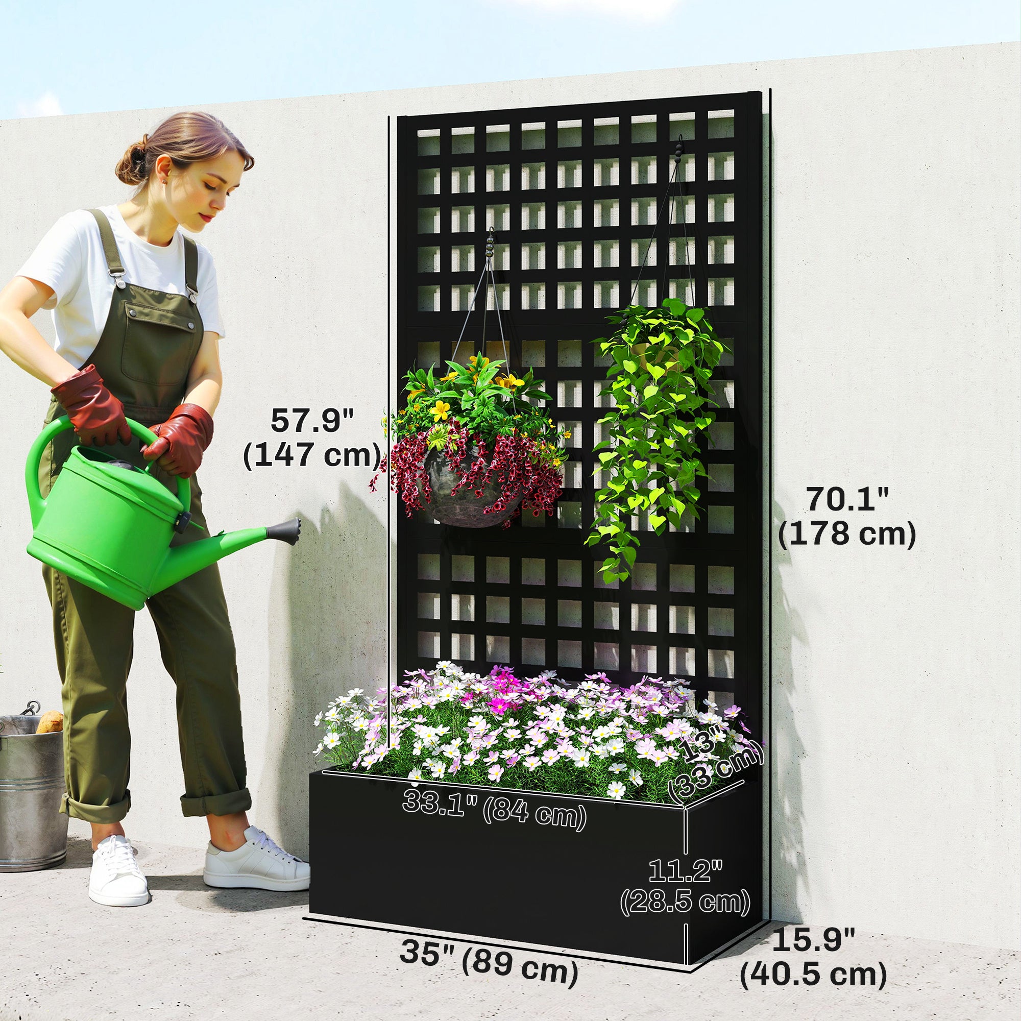 Galvanized Raised Garden Bed Planter Box with Trellis for Climbing Plants, Vegetable, Vines, 35" x 16" x 70", Black