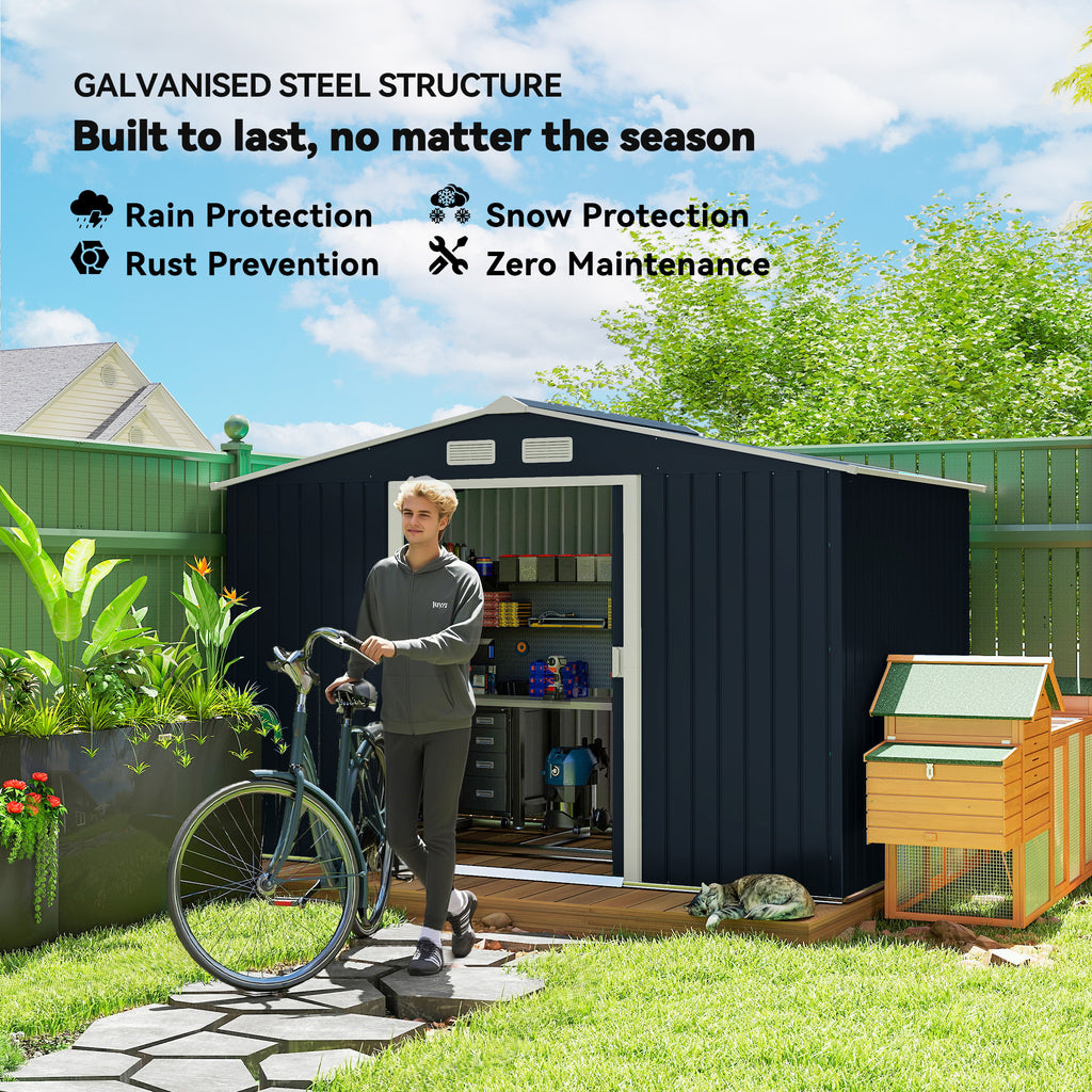 9.1'x6.4'x6.3' Garden Storage Shed w/ Foundation Kit Metal Tool Storage House w/ Double Doors Dark Grey
