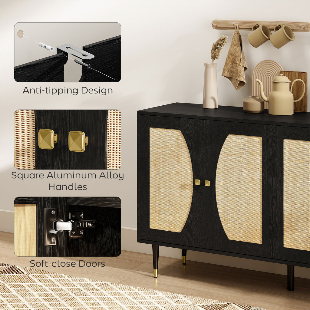 55" Sideboard Buffet Cabinet, Boho Storage Cabinet with Adjustable Shelves, Soft Close Doors and Rattan Front, Black