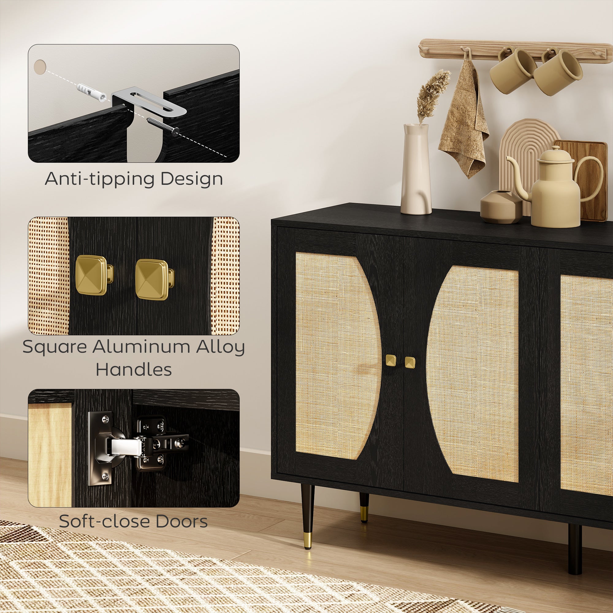 55" Sideboard Buffet Cabinet, Boho Storage Cabinet with Adjustable Shelves, Soft Close Doors and Rattan Front, Black