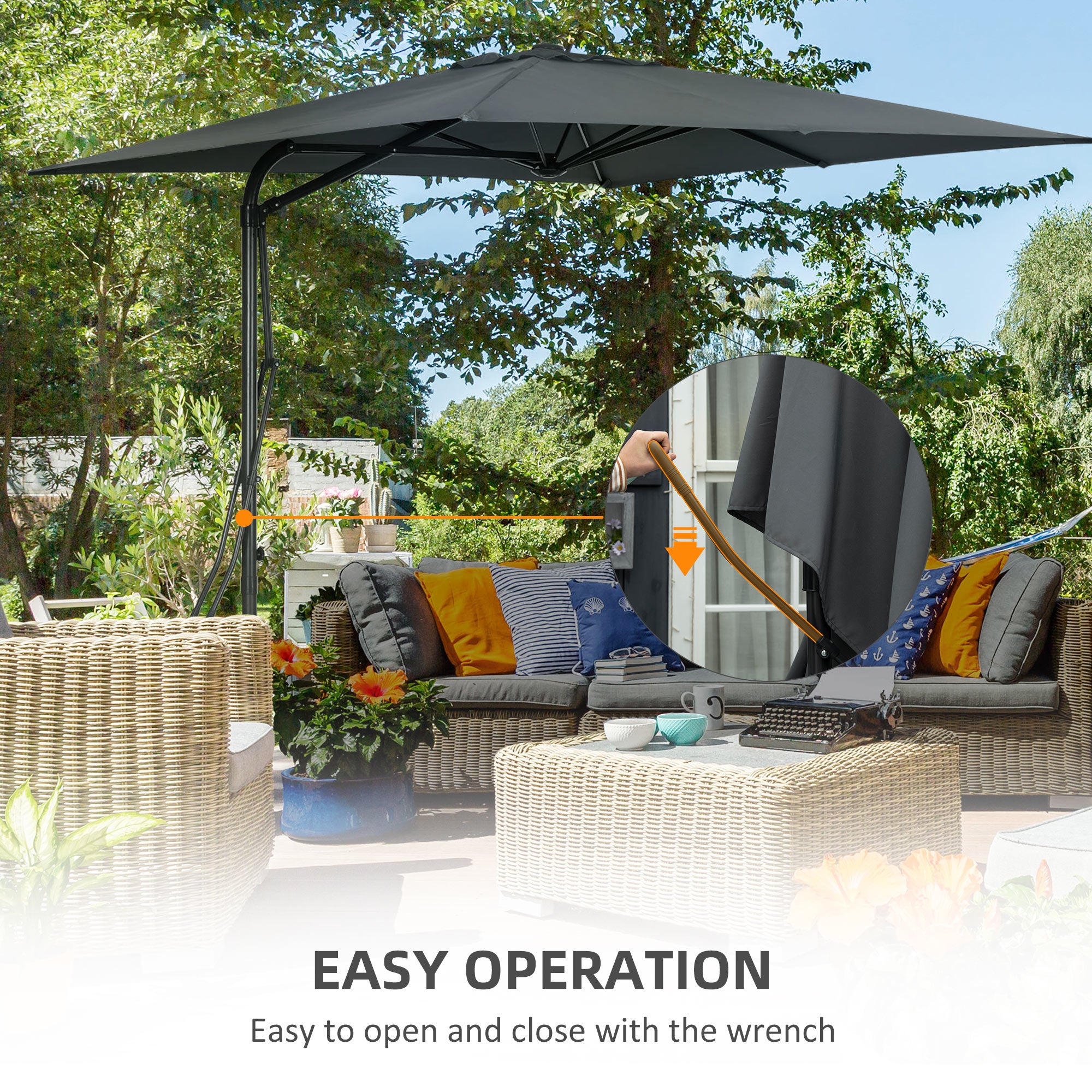 8FT Cantilever Patio Umbrella, Offset Patio Umbrella with Cross Base for Deck, Backyard, Pool and Garden, Hanging Umbrellas, Switch with a Wrench, Dark Gray