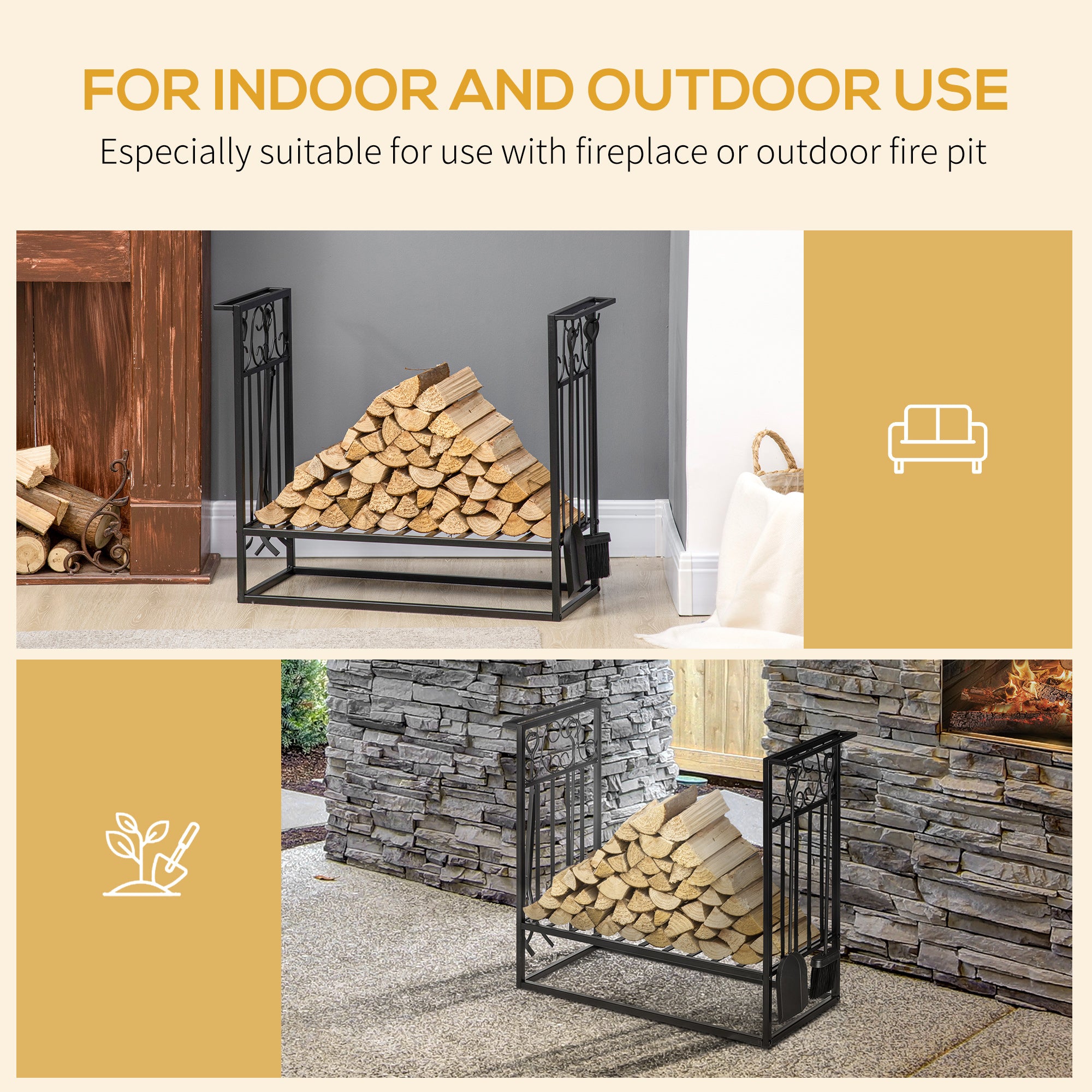 29.5" x 11.75" x 23.5" Heavy Duty Firewood Wood Log Rack Vintage Design Firewood Storage Shelf w/ 4 Tools, Black