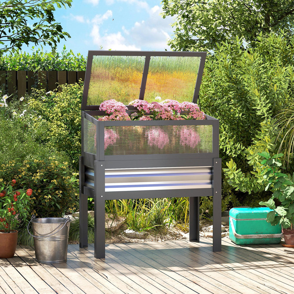 Raised Garden Bed with Flip-Up Greenhouse Top, Wooden Elevated Planter Box with Legs and Liner, Grey