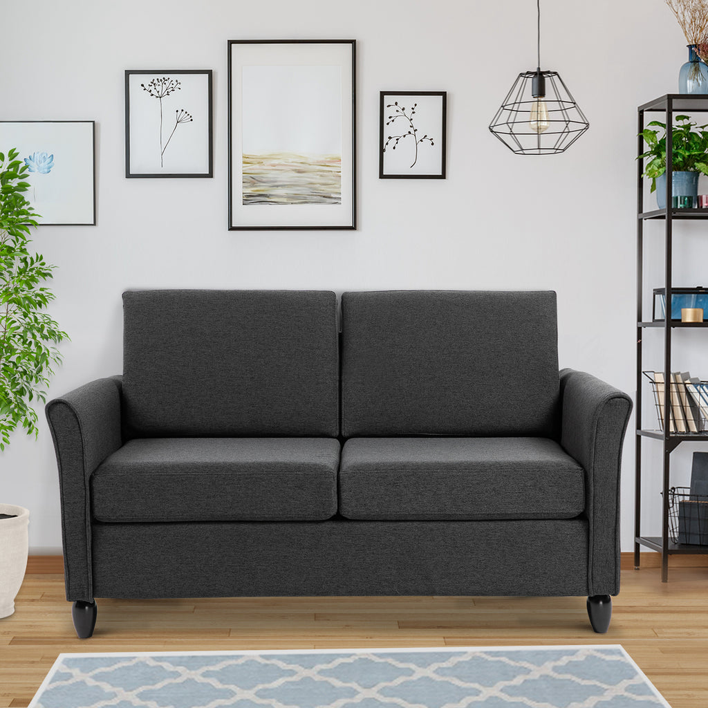 2-Seat Sofa Two-Seater Couch with Armrests and Wood Legs for Living Room, Bedroom, Dark Grey