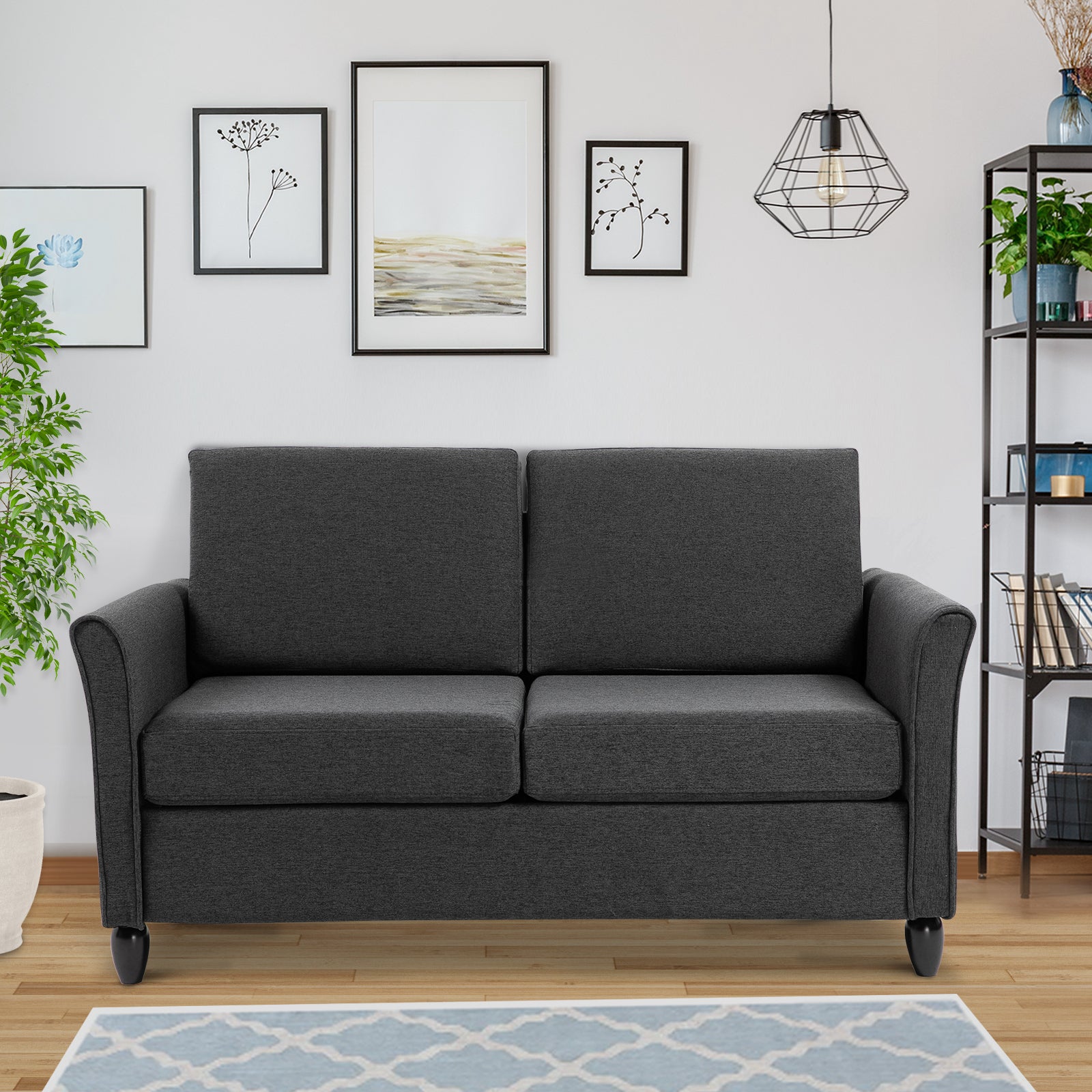 2-Seat Sofa Two-Seater Couch with Armrests and Wood Legs for Living Room, Bedroom, Dark Grey