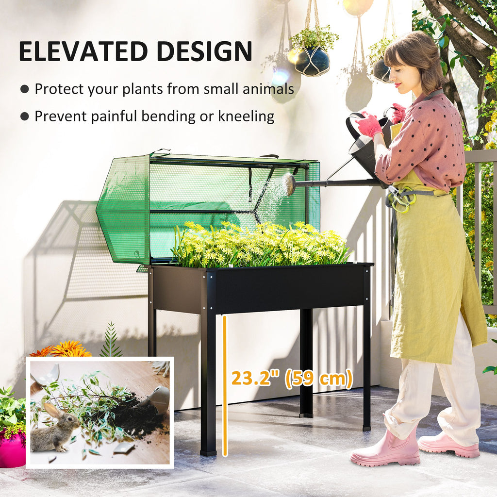 Raised Garden Bed Planter with PE Greenhouse Cover, Elevated Garden Bed Box with Drainage Hole for Flowers, Black