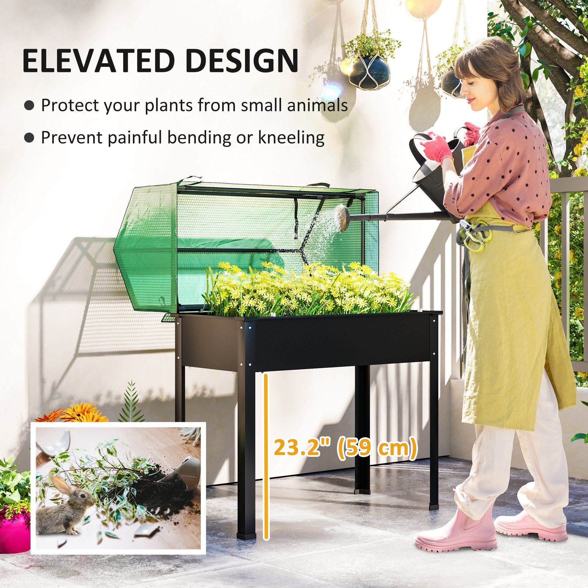Raised Garden Bed Planter with PE Greenhouse Cover, Elevated Garden Bed Box with Drainage Hole for Flowers, Black