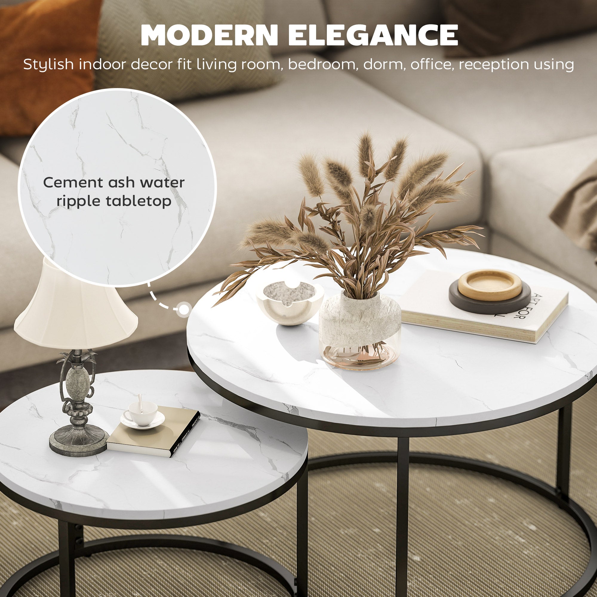 Modern Coffee Table Set of 2, Nesting Side Tables w/ Metal Base for Living Room Bedroom Office Faux Marbled White