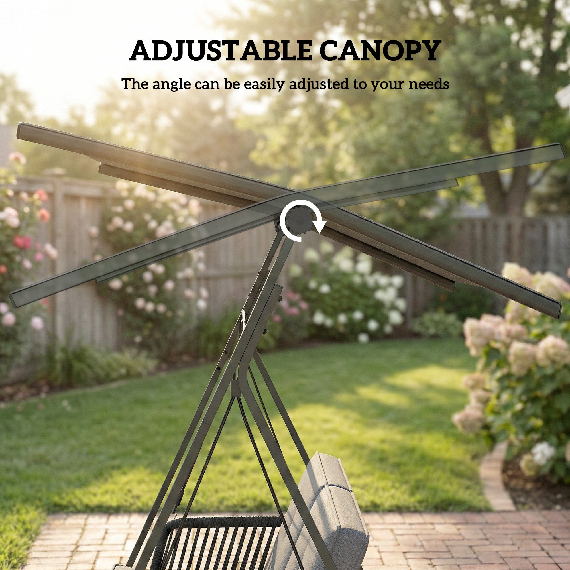 2-Person Outdoor Patio Porch Swing with Adjustable Canopy, Rattan Hanging Swing Bench with Soft Cushions