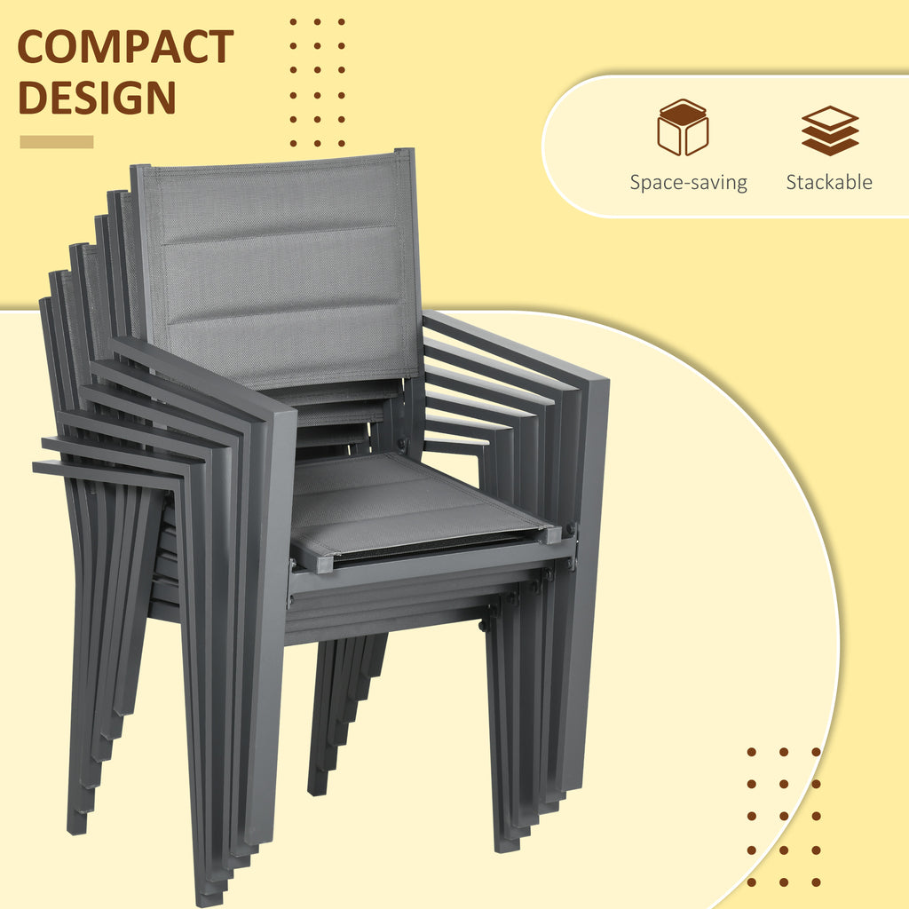 Patio Dining Set for 6, Aluminum Expandable Outdoor Table and 6 Stackable Chairs with Padded Back, Mesh Seat, Dark Grey