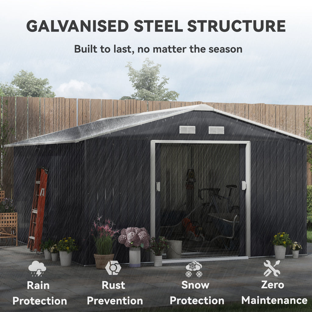 11.2ft x 12.5ft Practical Backyard Garden Storage Tool Shed 4 Ventilation Slots Double Sliding Door, Grey