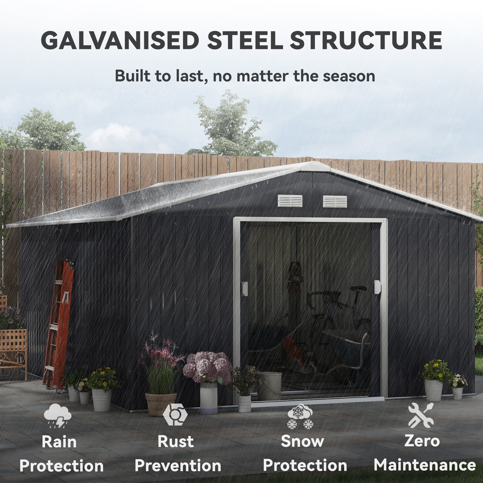 11.2ft x 12.5ft Practical Backyard Garden Storage Tool Shed 4 Ventilation Slots Double Sliding Door, Grey
