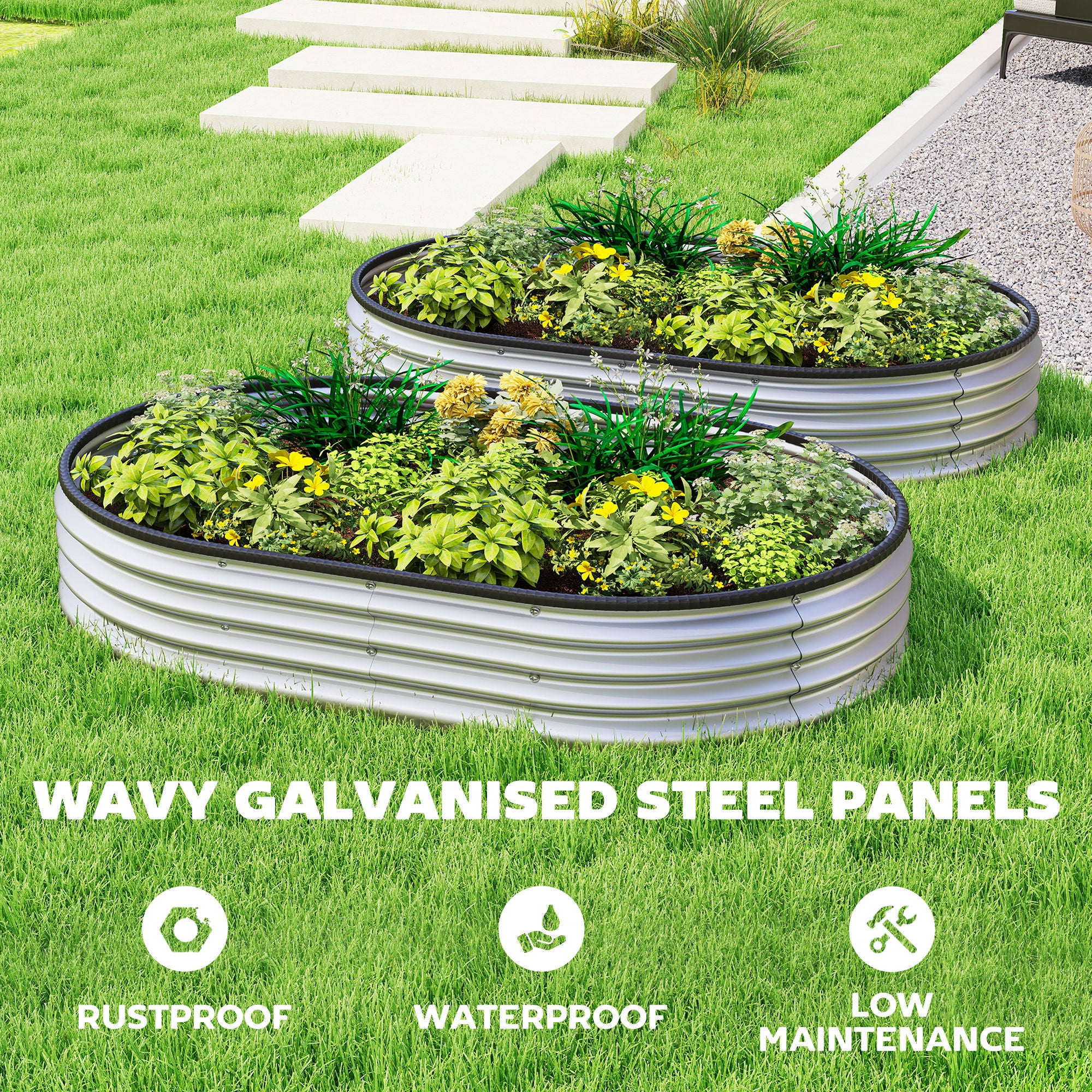2Pcs Galvanized Raised Garden Bed, 5 x 3 x 1 ft Modular Metal Garden Beds with Rubber Strip Edging, Silver