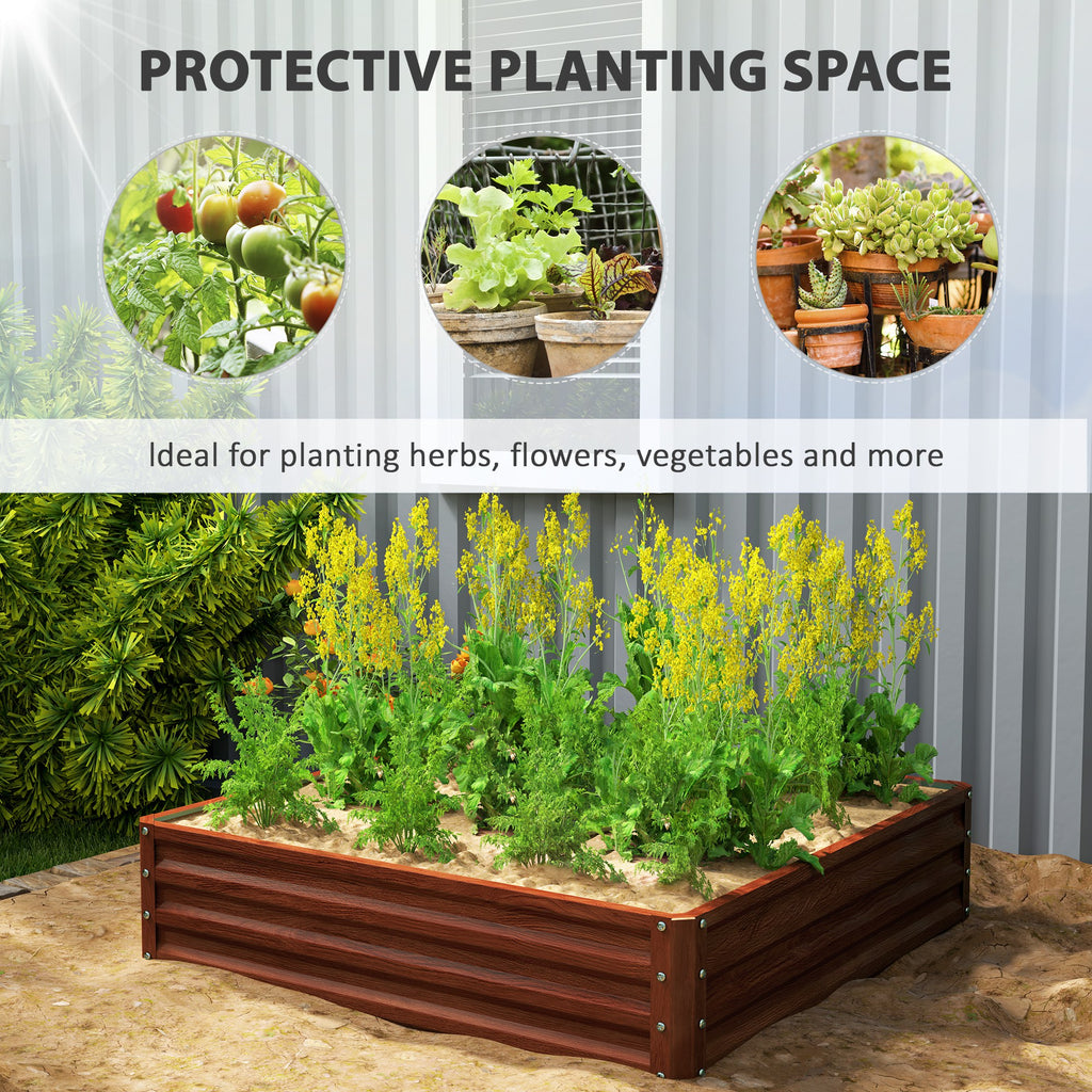 4' x 4' x 1' Raised Garden Bed Galvanized Steel Planter Box for Vegetables, Flowers, Herbs, Dark Brown Wood Effect