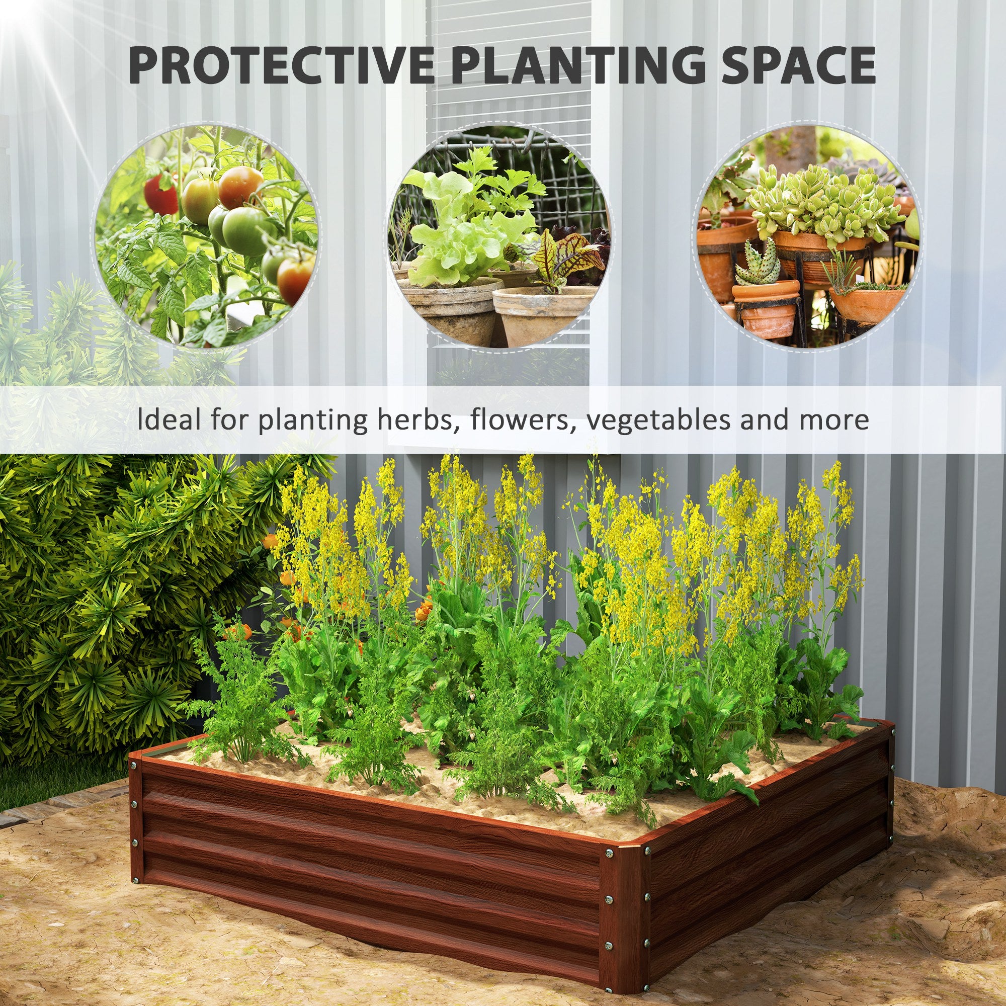 4' x 4' x 1' Raised Garden Bed Galvanized Steel Planter Box for Vegetables, Flowers, Herbs, Dark Brown Wood Effect
