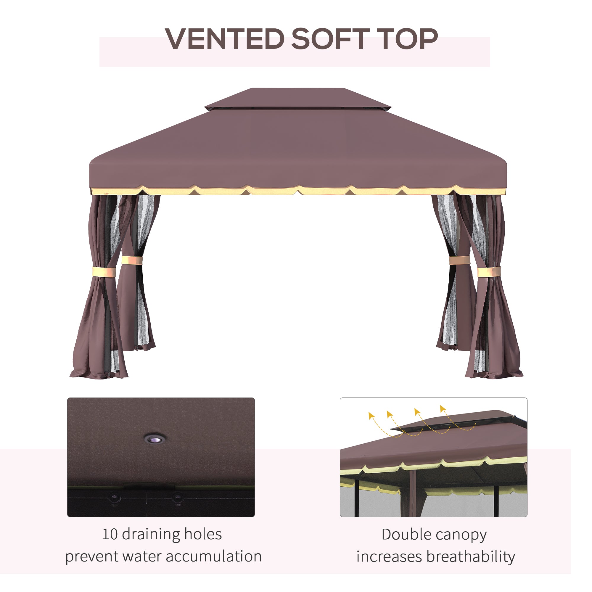 10 x 13ft Aluminum Frame Gazebo Canopy Double Tier Garden Shelter with Netting and Curtains, Coffee