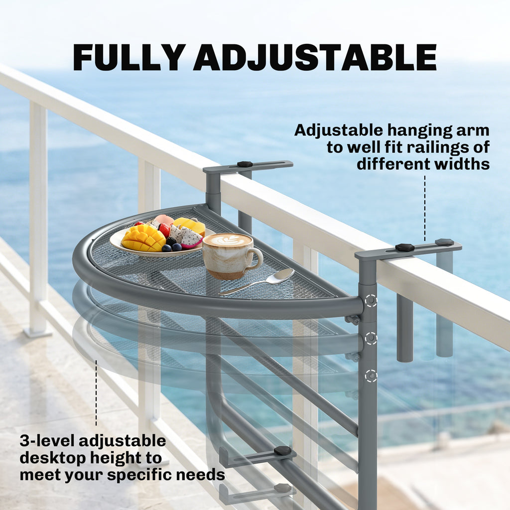 Adjustable Balcony Hanging Railing Table, Metal Mounting Mini Wall Desk Storage Rack, Outdoor Flower Stand Serving Table Half Round, Grey