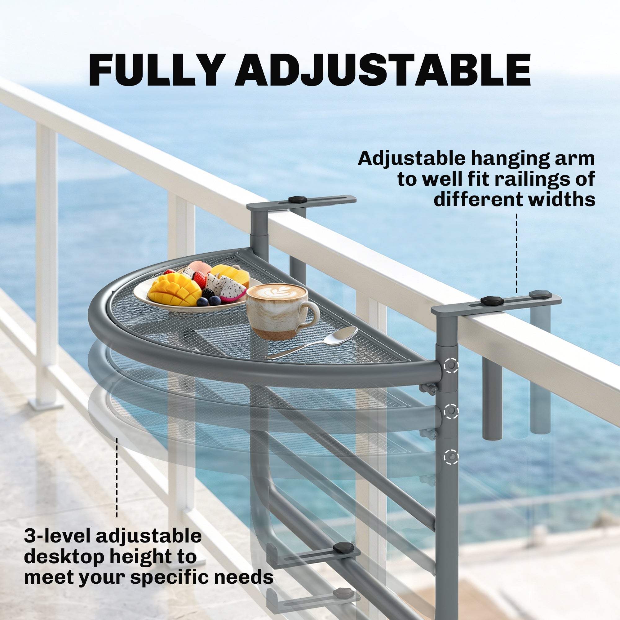Adjustable Balcony Hanging Railing Table, Metal Mounting Mini Wall Desk Storage Rack, Outdoor Flower Stand Serving Table Half Round, Grey
