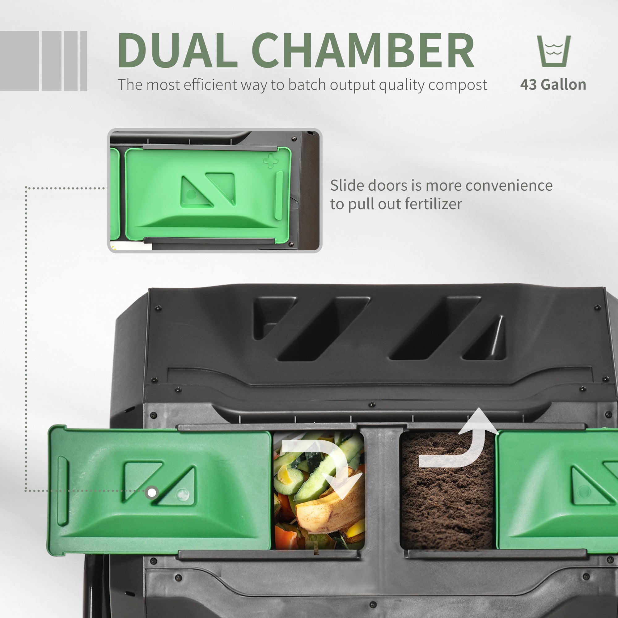 Tumbling Compost Bin Outdoor Dual Chamber 360Â° Rotating Composter 43 Gallon w/ Sliding Doors & Solid Steel Frame, Green