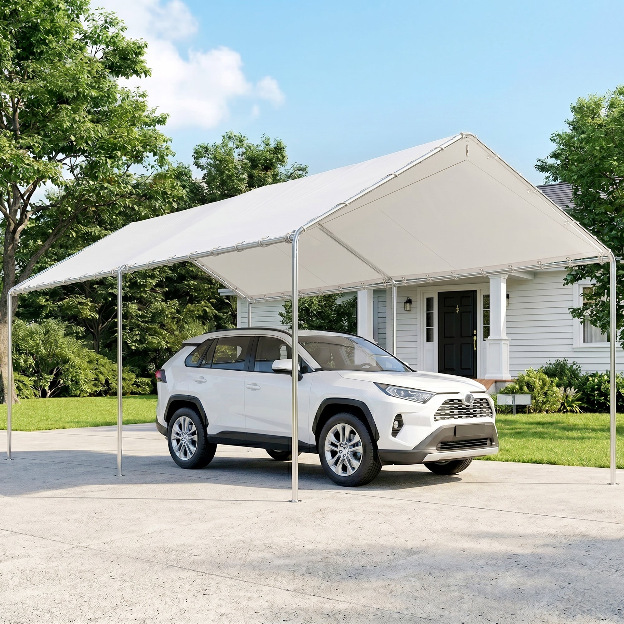 10' x 20' Carport Heavy Duty Galvanized Car Canopy with Included Anchor Kit, 3 Reinforced Steel Cables, White