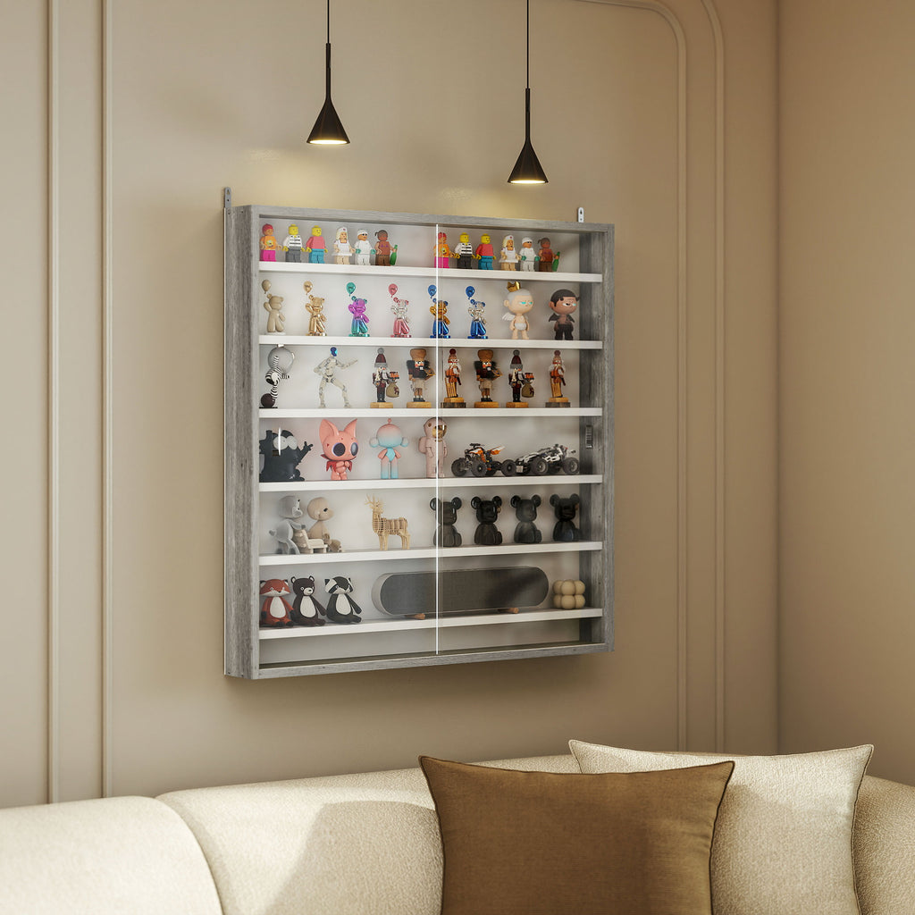 7-Tier Display Cabinet, Shot Glass Display Case, Glass Curio Cabinet with 2 Glass Doors and 6 Adjustable Shelves, Grey