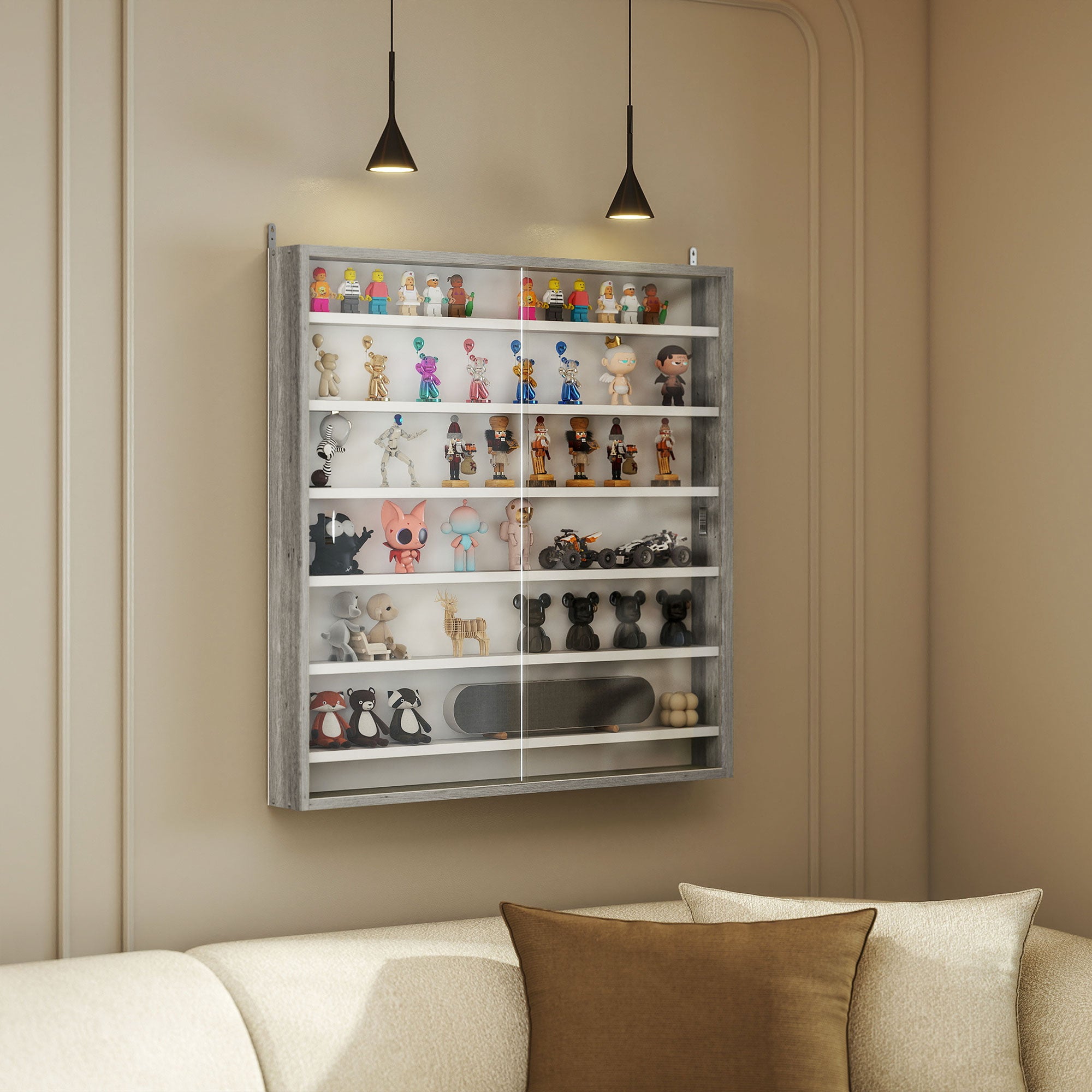 7-Tier Display Cabinet, Shot Glass Display Case, Glass Curio Cabinet with 2 Glass Doors and 6 Adjustable Shelves, Grey