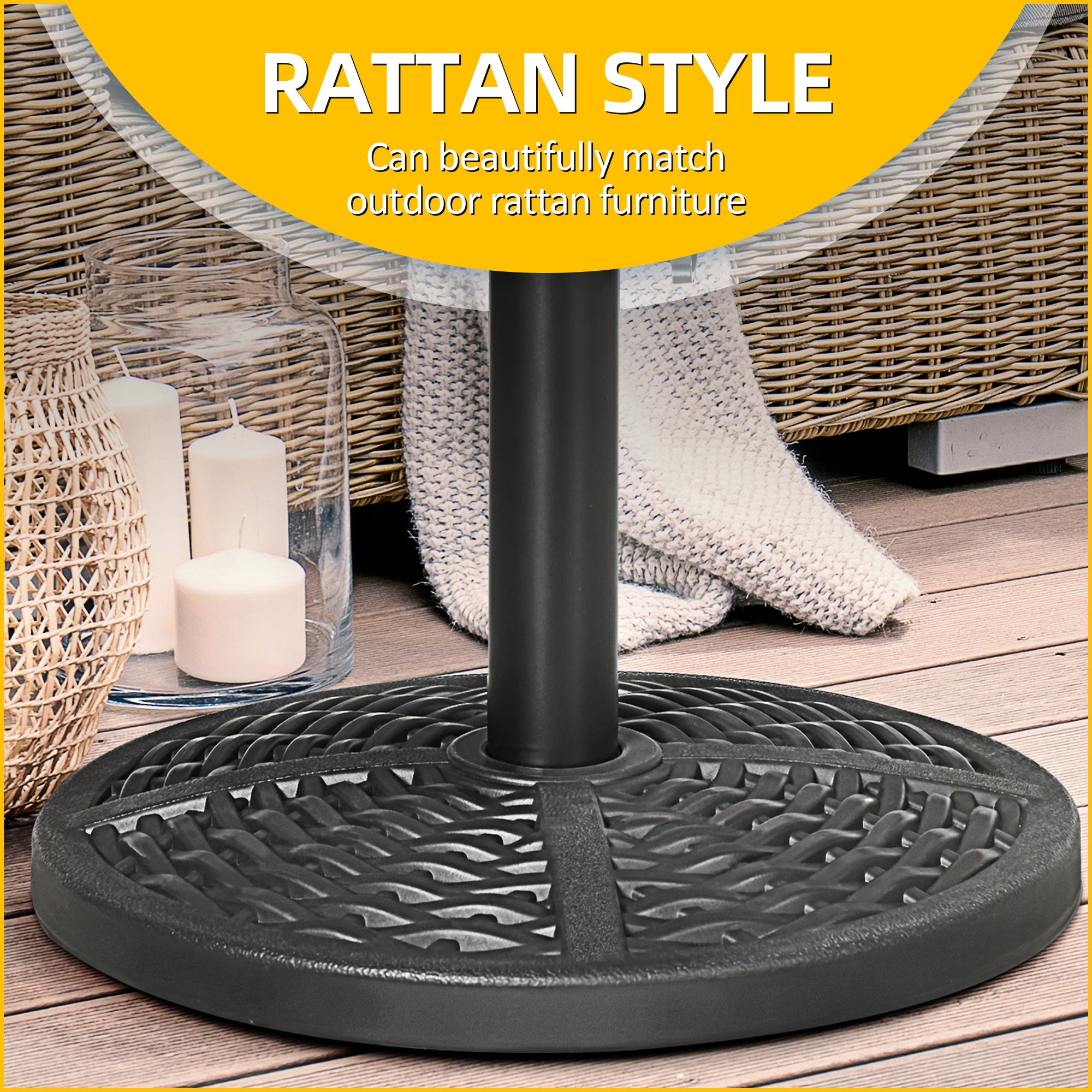 21 lbs Cement Round Market Umbrella Base Holder, 18" Heavy Duty Parasol Stand with Rattan Design for Patio, Black