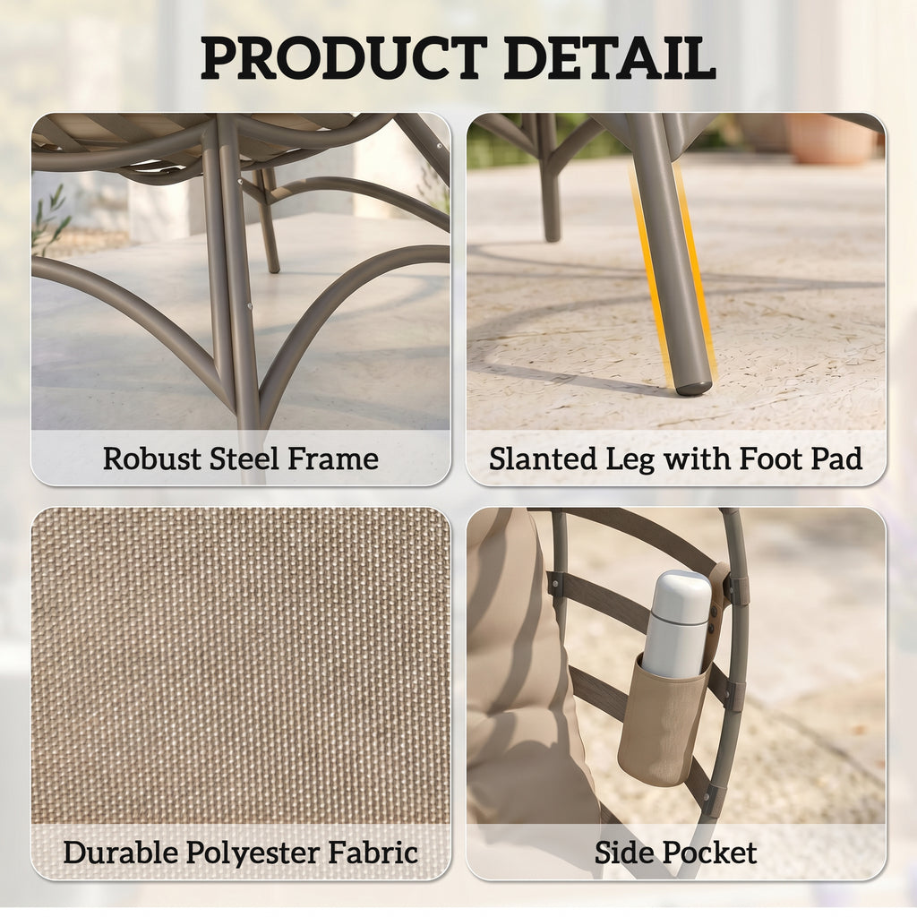Egg Chair, Patio Lounge Chair, Foldable Basket Chair with Large Seat Cushion, Side Pocket, Sand