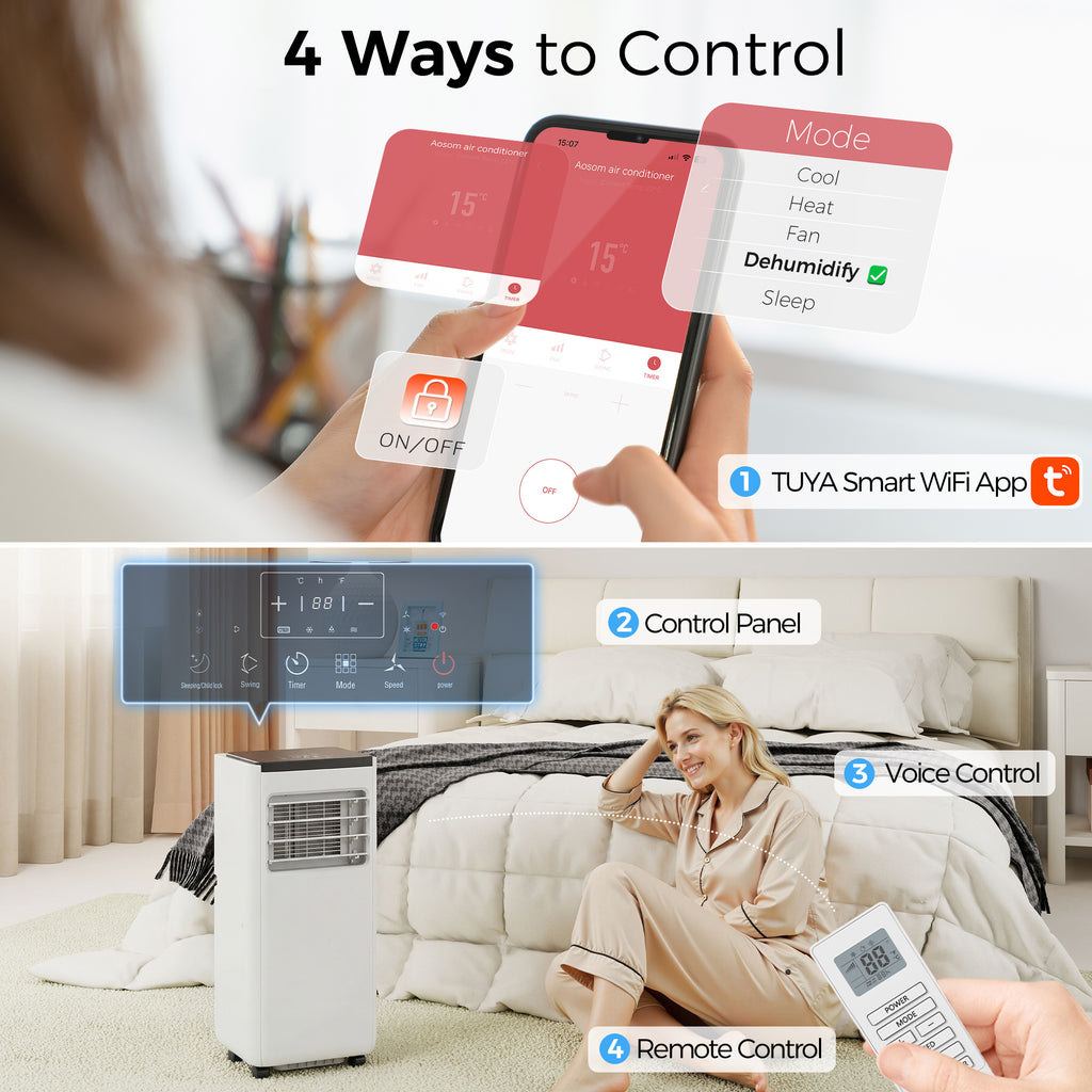 10000 BTU Portable 4-in-1 Air Conditioner with Cool, Dehumidifier, Fan, Sleep, WiFi Voice Remote Control, White