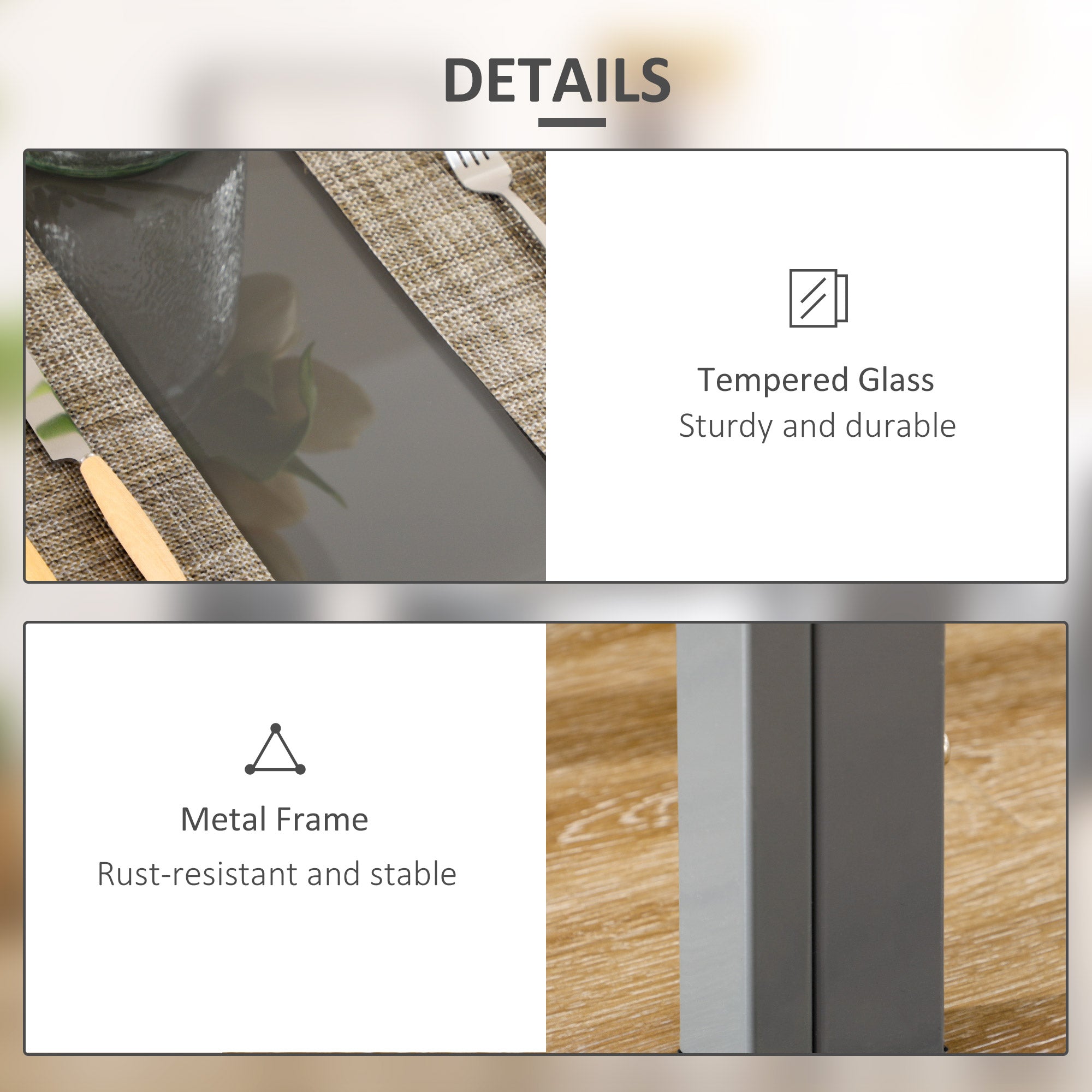 5-Piece Rectangular Glass Kitchen Table and Chairs with Metal Frame and Faux Leather Upholstery for Dining Room, Grey