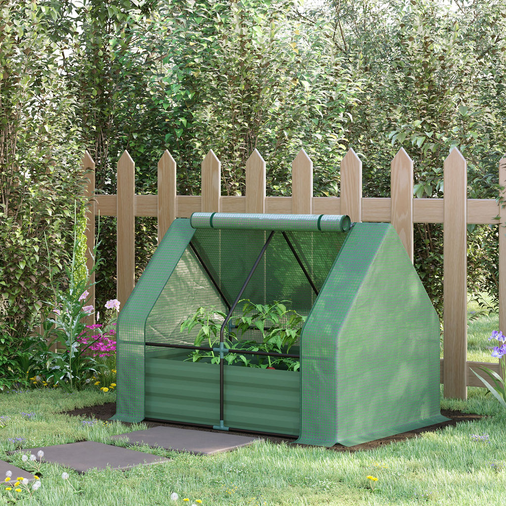 Steel Outdoor Raised Garden Bed with Greenhouse,Cover, Roll Up Door, Dual Use, 50"x37.4"x36.2", Green