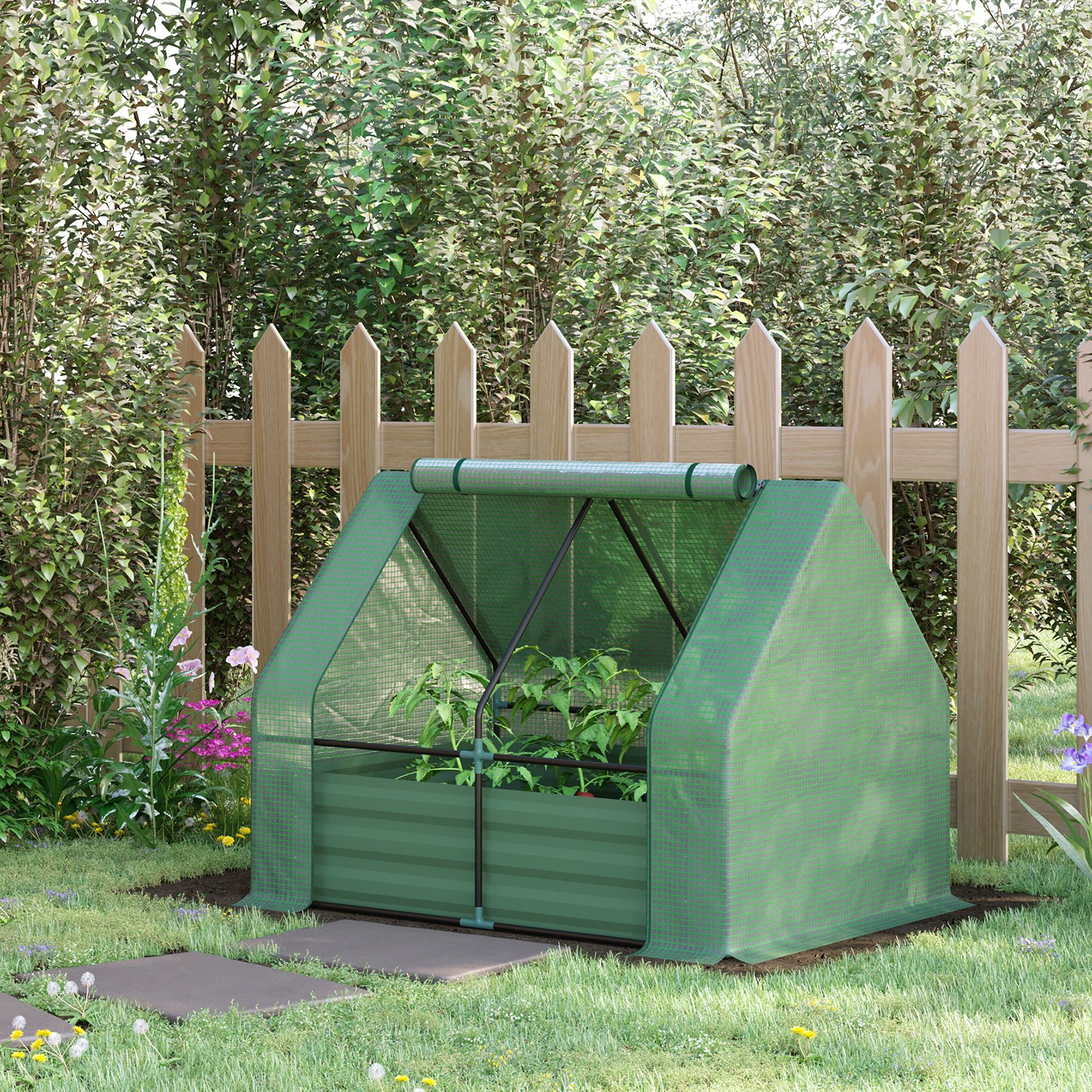 Steel Outdoor Raised Garden Bed with Greenhouse,Cover, Roll Up Door, Dual Use, 50"x37.4"x36.2", Green