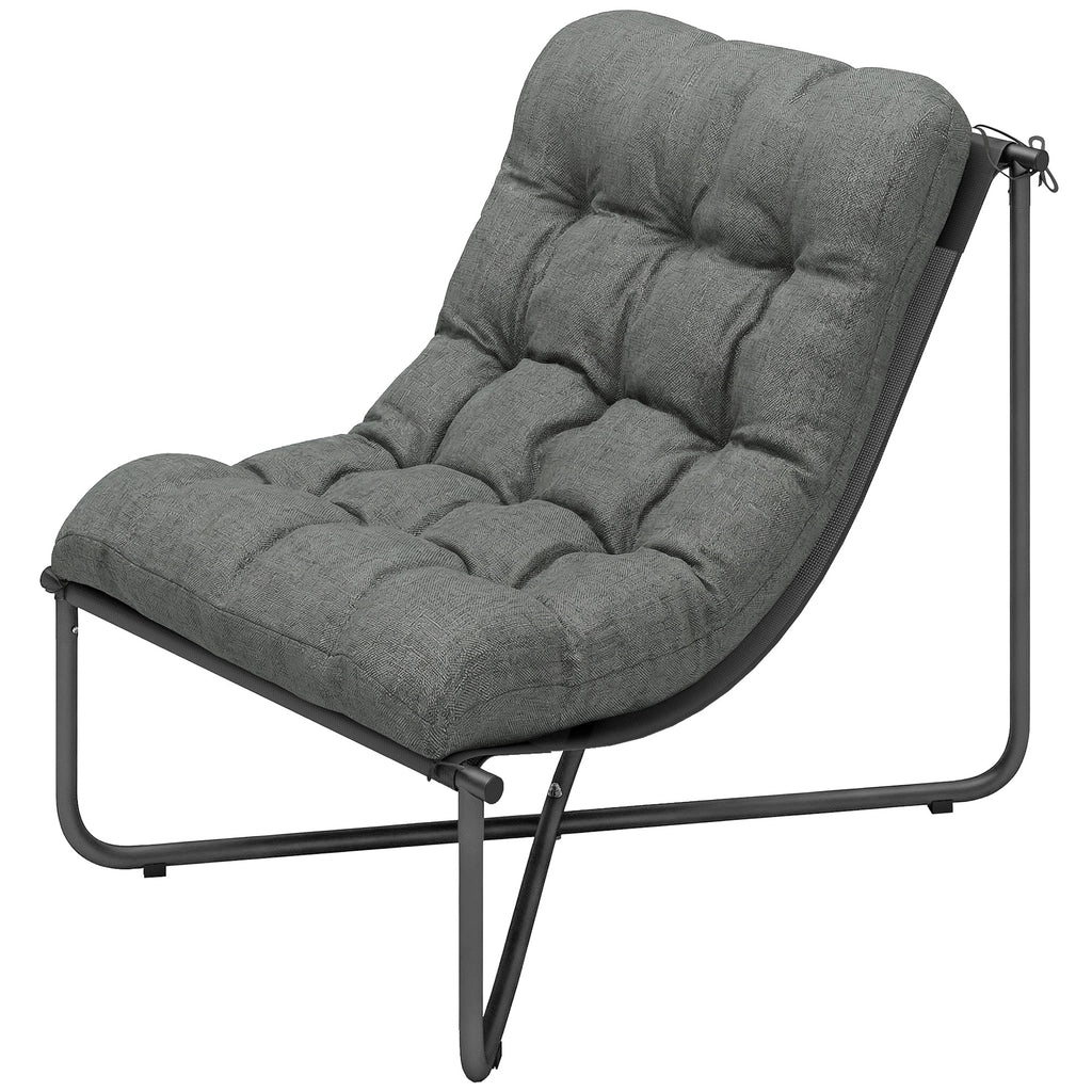 Outdoor Patio Chair, Comfy Sling Lounge Chair with Cushion, Breathable Wide Seat, Steel Frame, Dark Grey