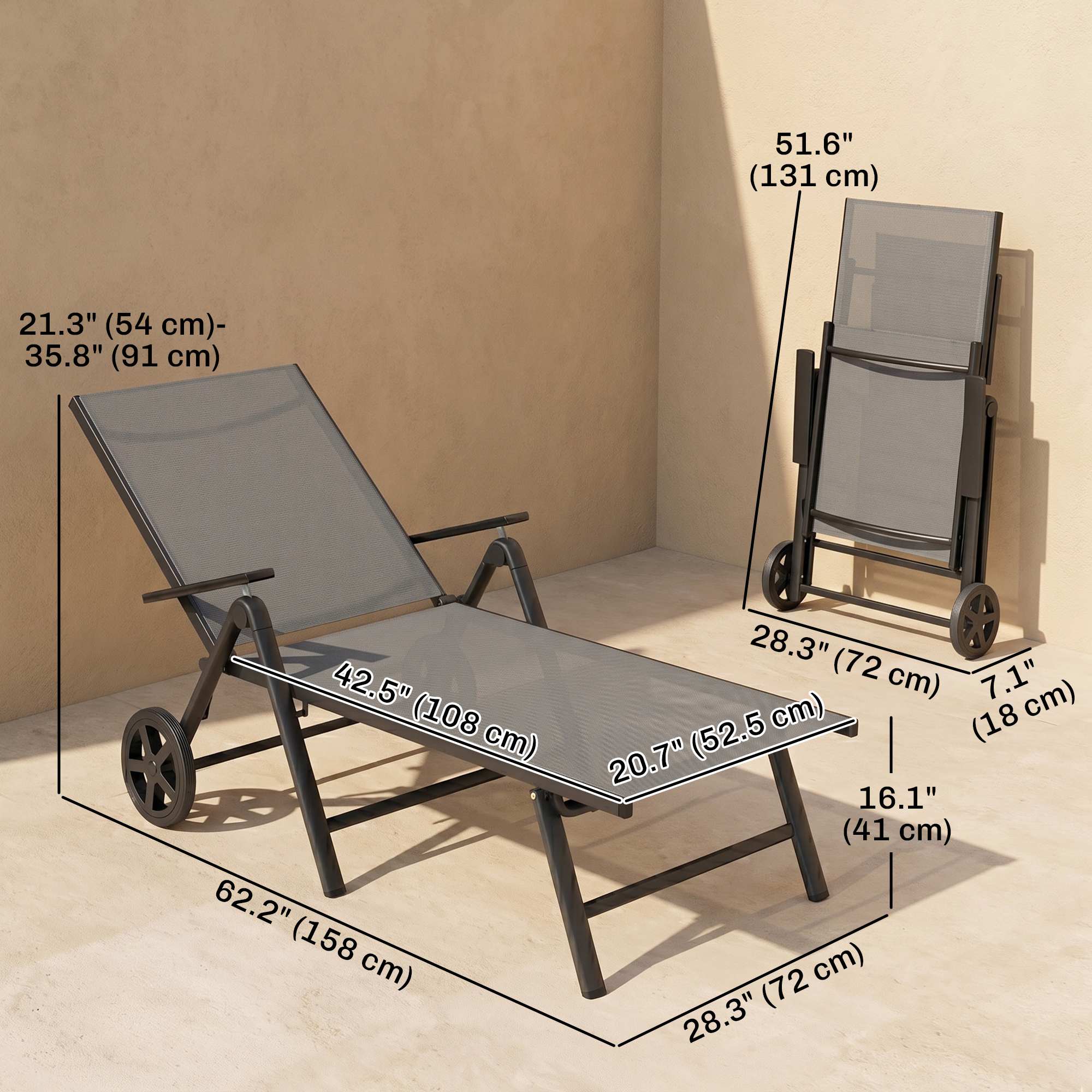 Outdoor Lounge Chair, 5-Level Adjustable Folding Chaise Chair with 2 Wheels for Backyard, Beach, Poolside, Grey
