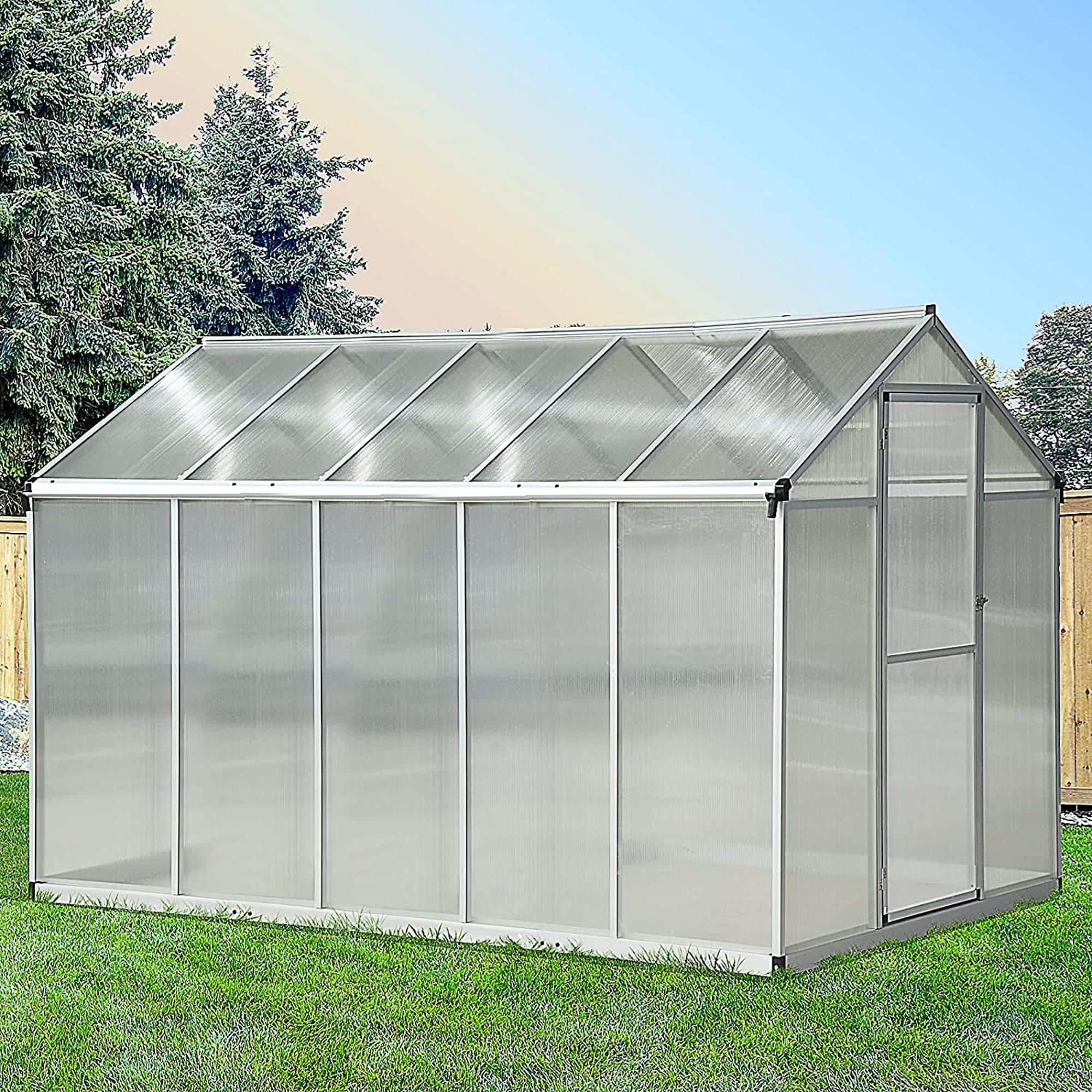 6' x 10' x 6.4' Walk-in Garden Greenhouse Polycarbonate Panels Plants Flower Growth Shed Cold Frame Outdoor Portable Warm House Aluminum Frame, Silver