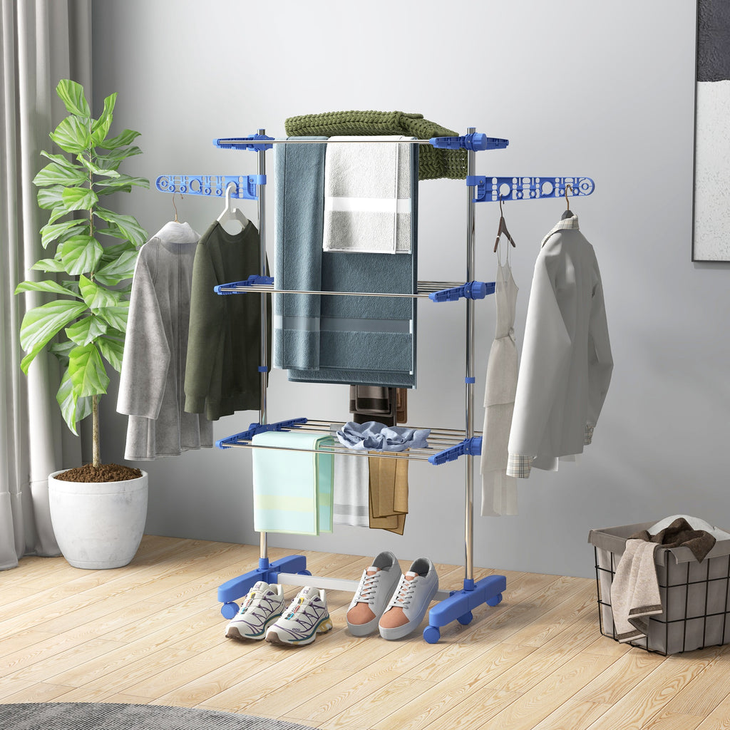 3-Tier Foldable Clothes Drying Rack, Stainless Steel Laundry Rack with 2 Side Wings and 6 Castors, Collapsible Adjustable Clothes Airer for Indoor Outdoor, Blue