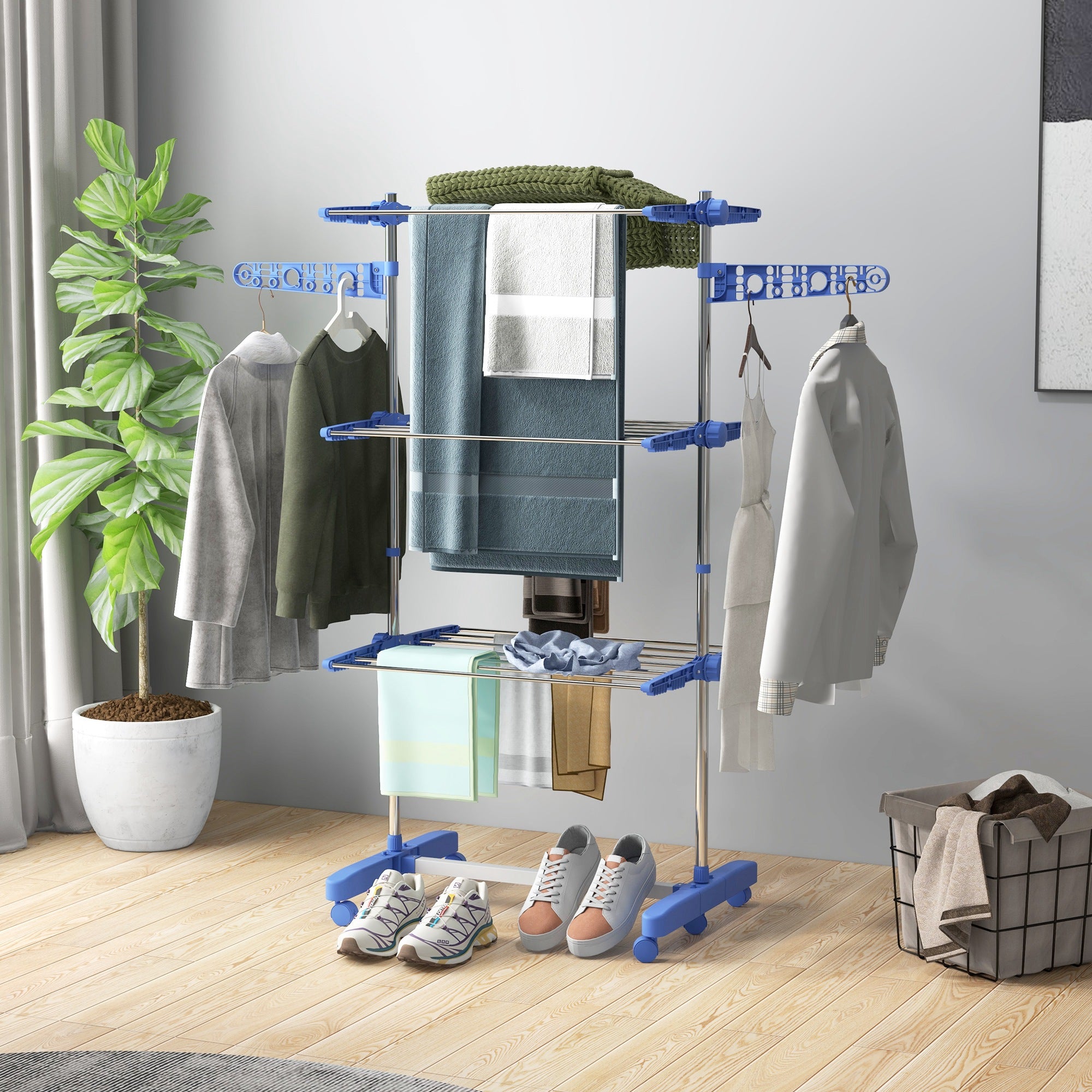 3-Tier Foldable Clothes Drying Rack, Stainless Steel Laundry Rack with 2 Side Wings and 6 Castors, Collapsible Adjustable Clothes Airer for Indoor Outdoor, Blue