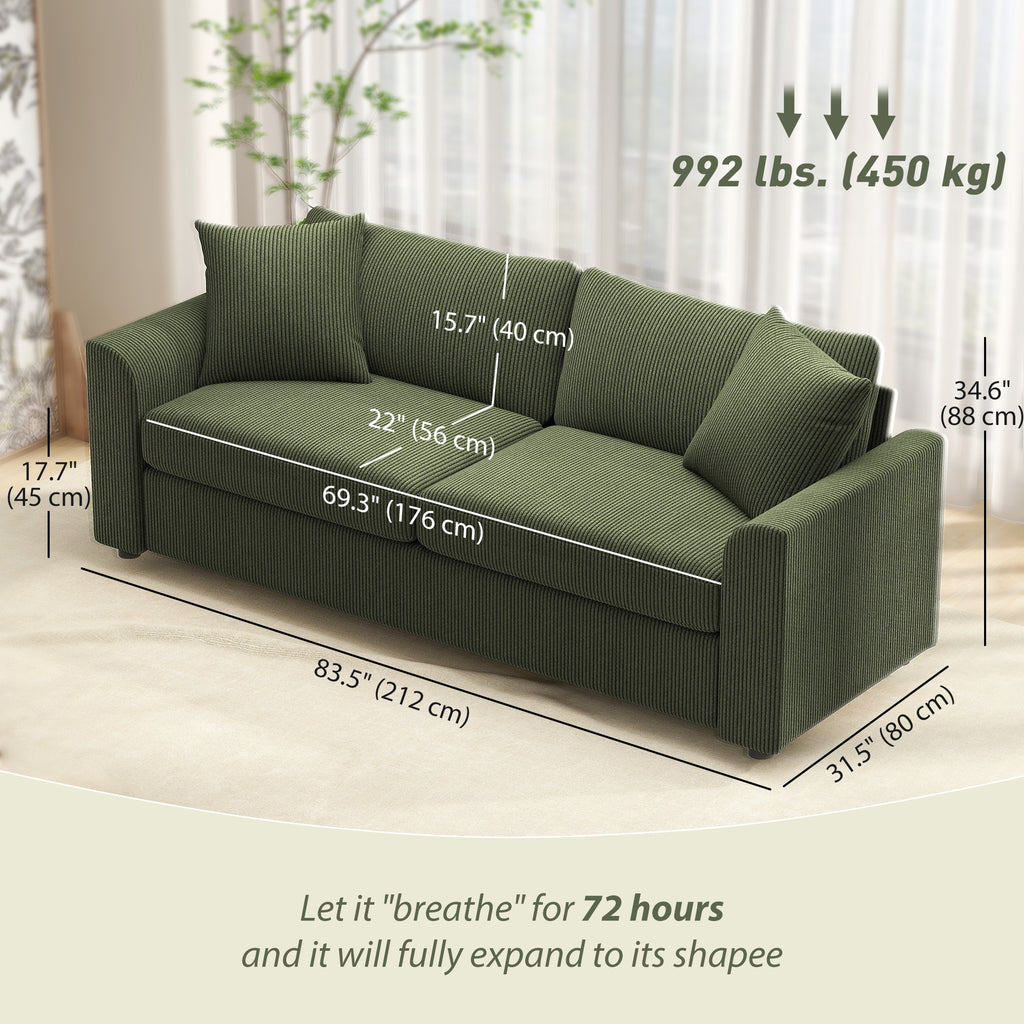 3 Seater Sofa, 83.5" Modern Upholstered Couch with Pocket Spring and 2 Scatter Cushions for Living Room, Green