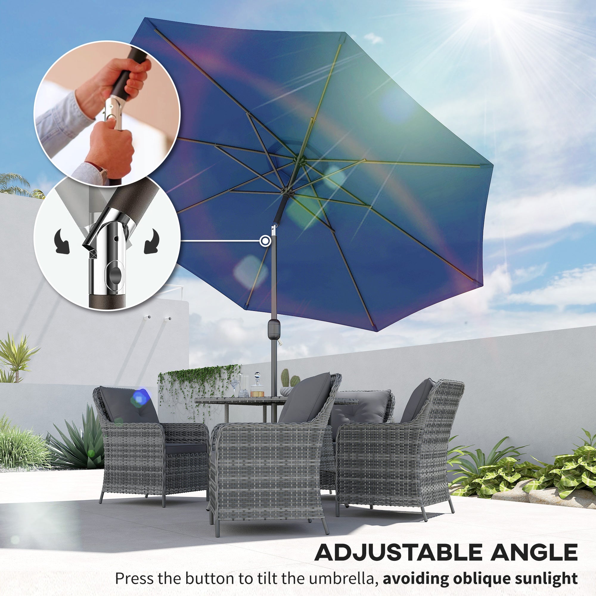 10' x 8' Round Market Umbrella, Patio Umbrella with Crank Handle and Tilt, Outdoor Parasol for Garden, Blue