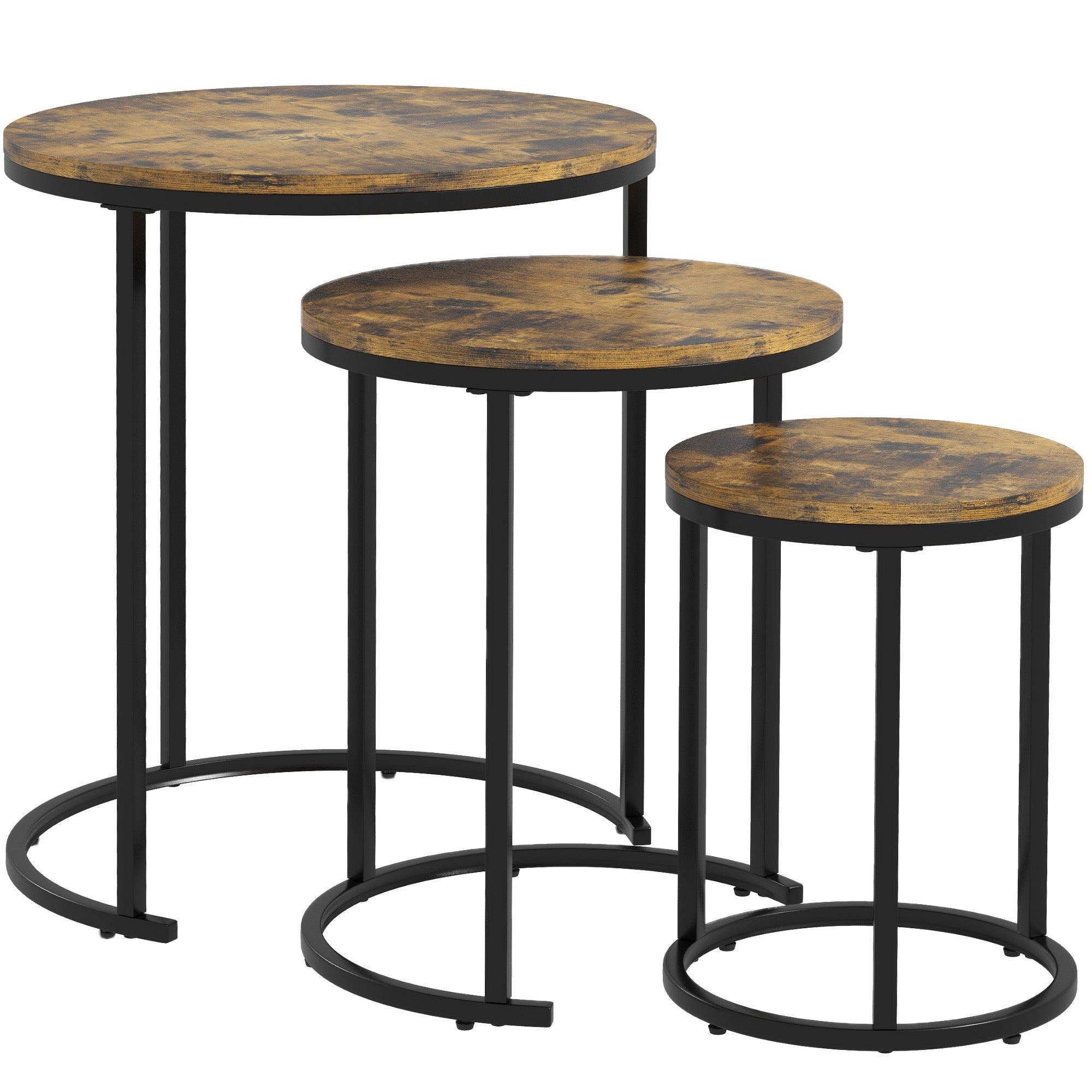 Nesting Coffee Tables Set of 3, Stacking Round Side Tables with Steel Frame for Living Room, Rustic Brown