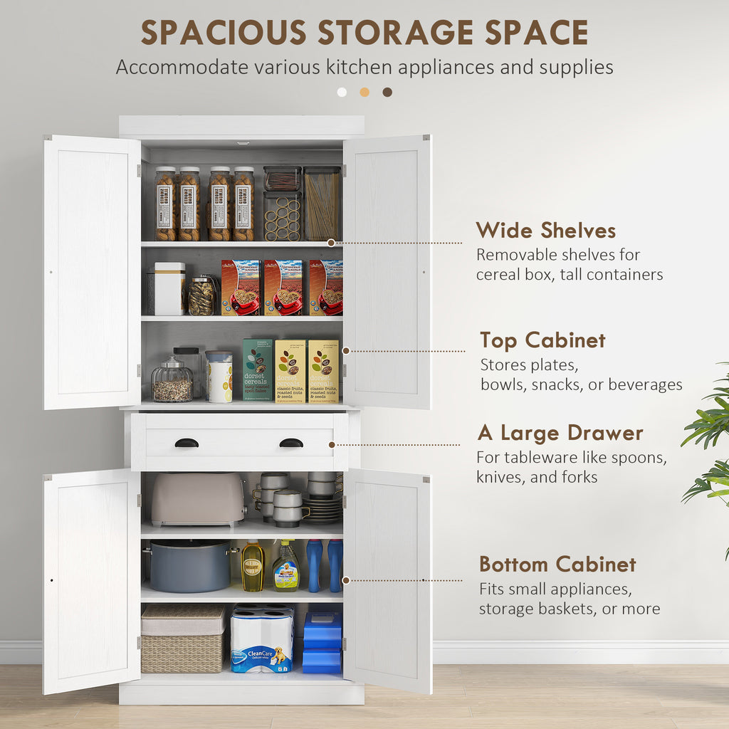 72" Tall Pantry Cabinet, Kitchen Storage Cabinet with 4 Doors, Drawer and 2 Adjustable Shelves, White
