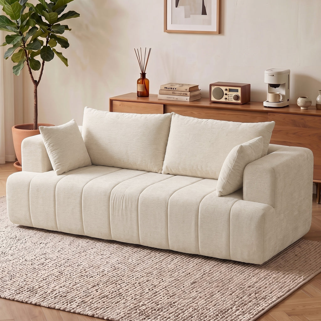 3 Seater Sofa, Chenille Boneless Cloud Couch with Thick Spring Cushion, Wide and Deep Seat, Wide Armrests, Beige