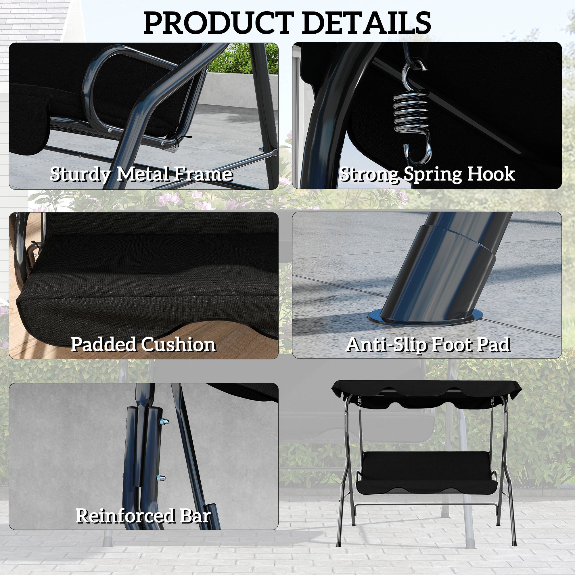 Outdoor Porch Swing with Adjustable Canopy, 3-Seater Patio Swing Chair with Cushion, Black