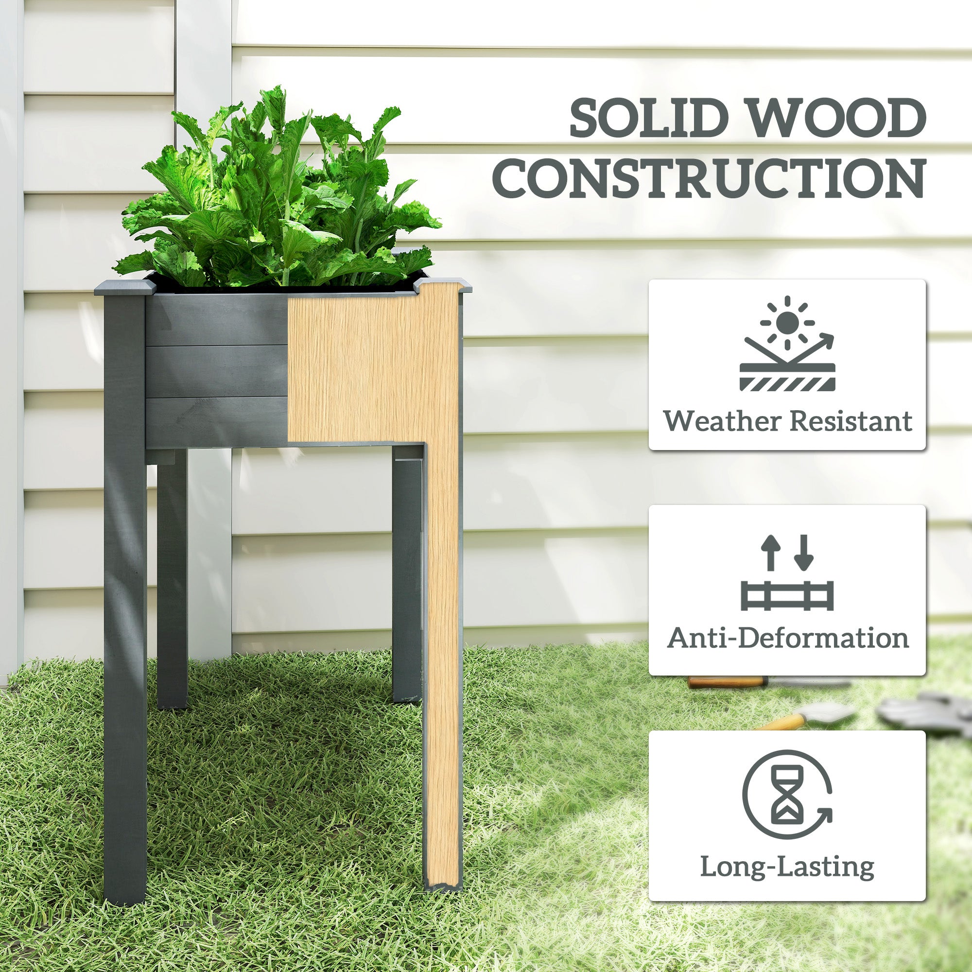34"x18"x30" Wooden Raised Garden Bed, Elevated Planter Box with Legs, Drainage Holes, Inner Bag for Garden, Dark Grey