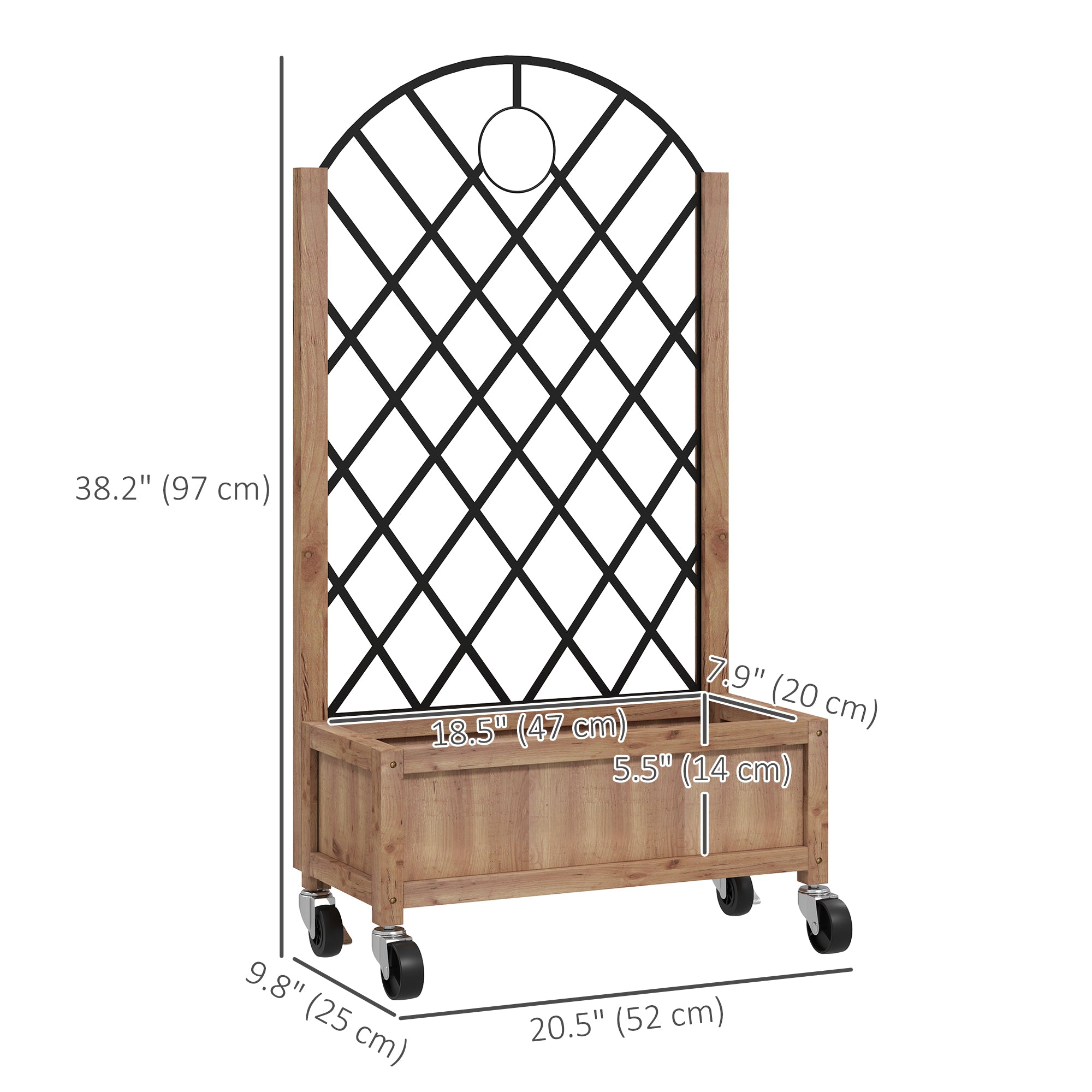 Raised Garden Bed with Metal Trellis, Elevated Planter Box with Wheels and Drainage Holes, 20.5" x 9.8" x 38.2", Brown