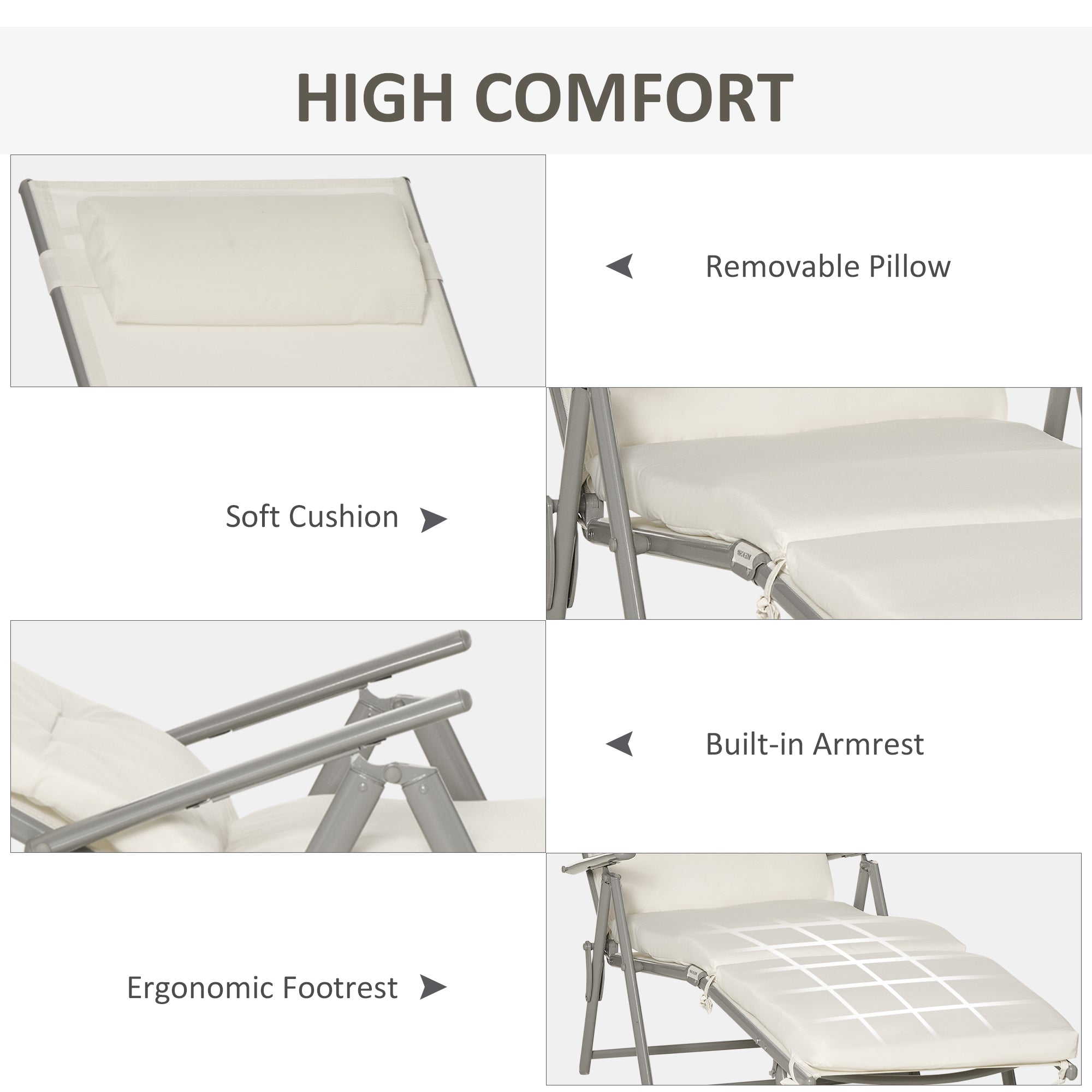 Lounge Chair Outdoor, Folding Patio Chaise Lounger, 360 lbs 7-Position Adjustable Back Outdoor Recliner with Cushion, Headrest for Garden, Backyard, Poolside, Cream White