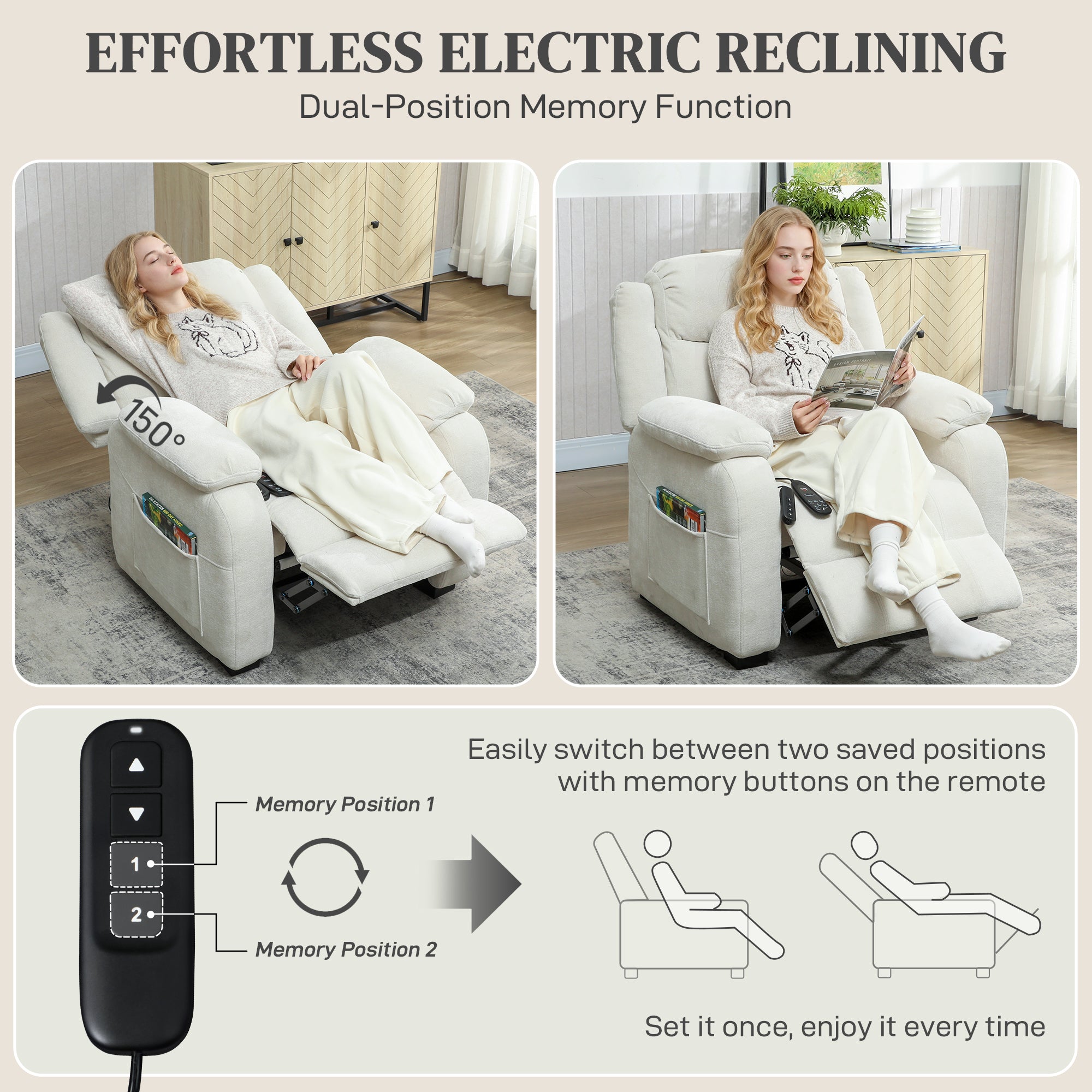 Massage Recliner Chair, Power Recliner with Quiet Brushless Motor, Remote, Pockets, 2 Memory Positions, Beige