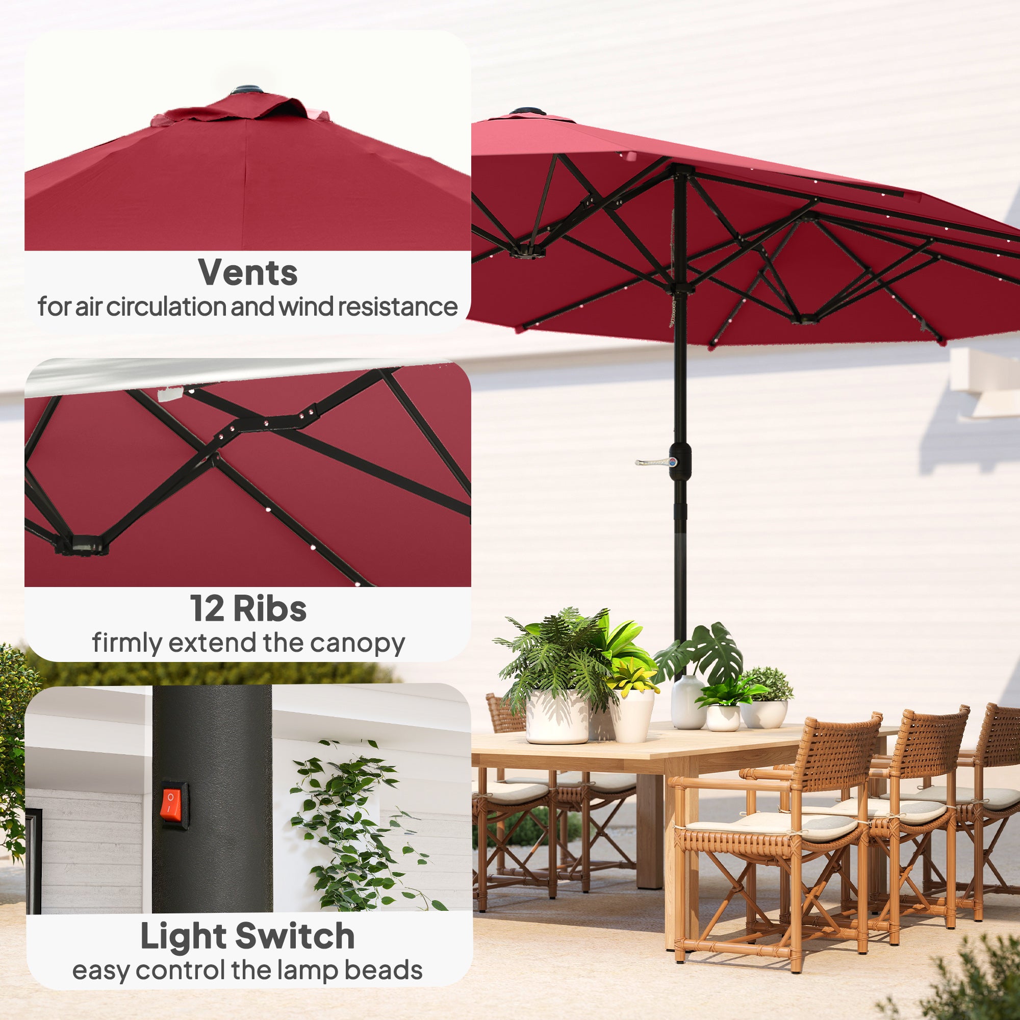 173.2" Double-Sided Sun Umbrella Garden Parasol Patio Sun Shade Outdoor with LED Solar Light, No Base Included, Wine Red