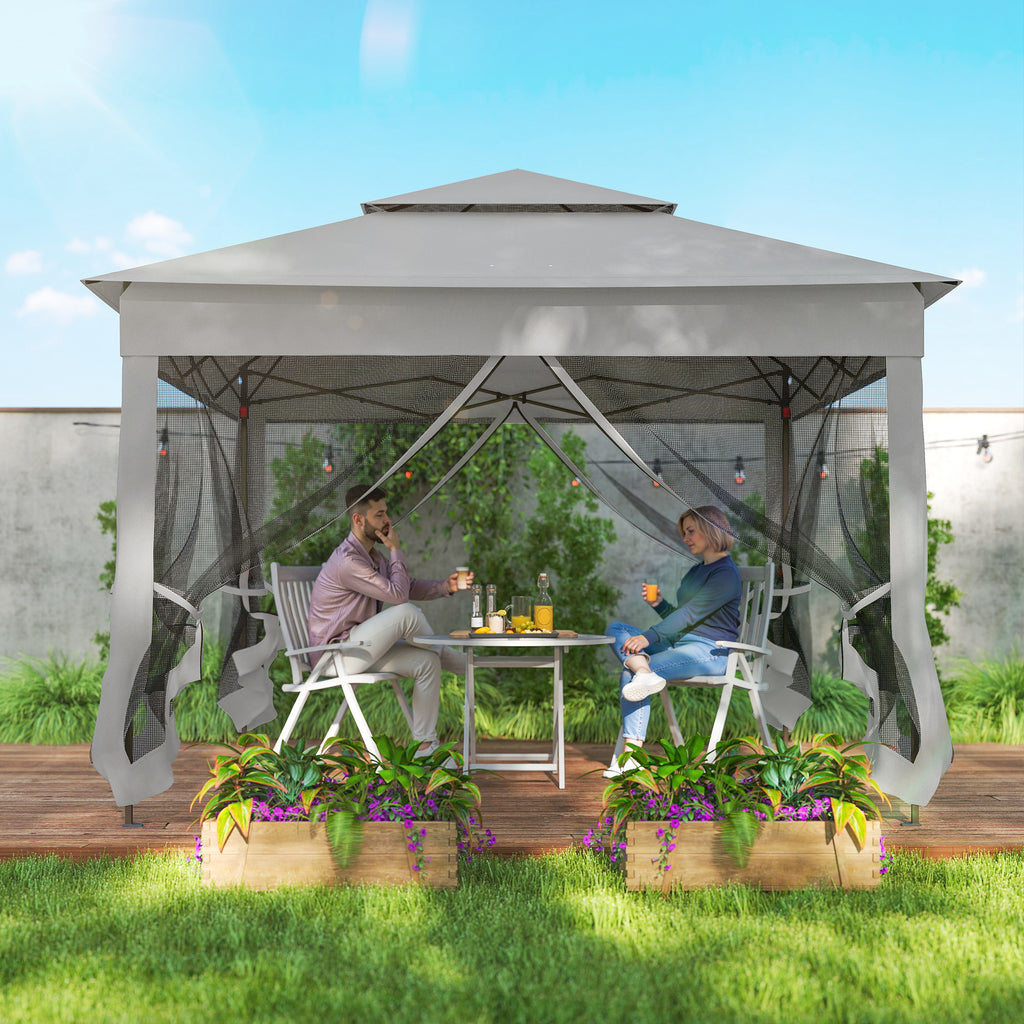 11' x 11' Pop Up Gazebo 2-Tier Soft Top Shelter Event Tent w/ Netting Carry Bag for Patio Backyard Garden, Light Grey